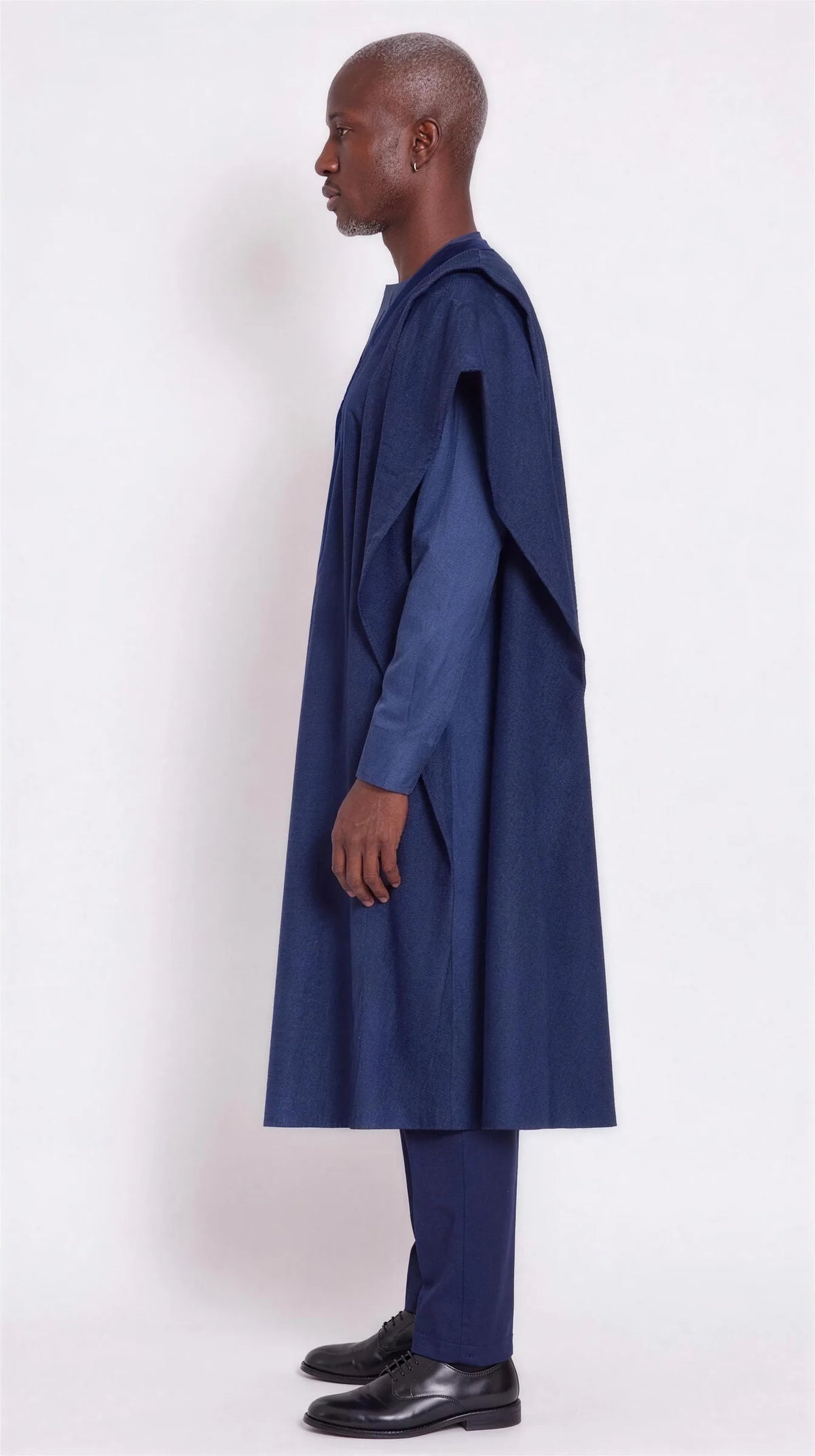 Noir Abyss Agbada — deep navy men's agbada set, side view showing the robe drape