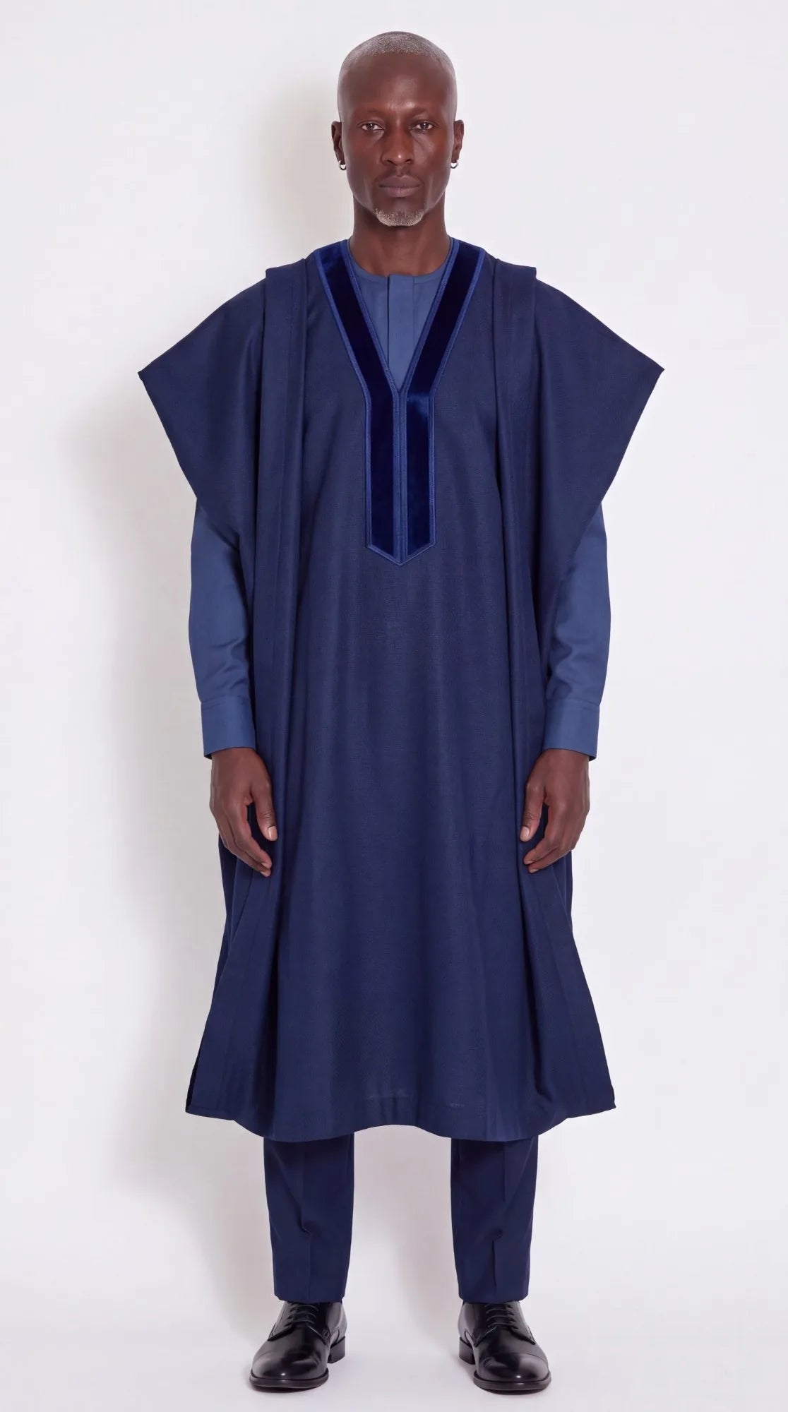 Noir Abyss Agbada — deep navy men's agbada set, worn on model