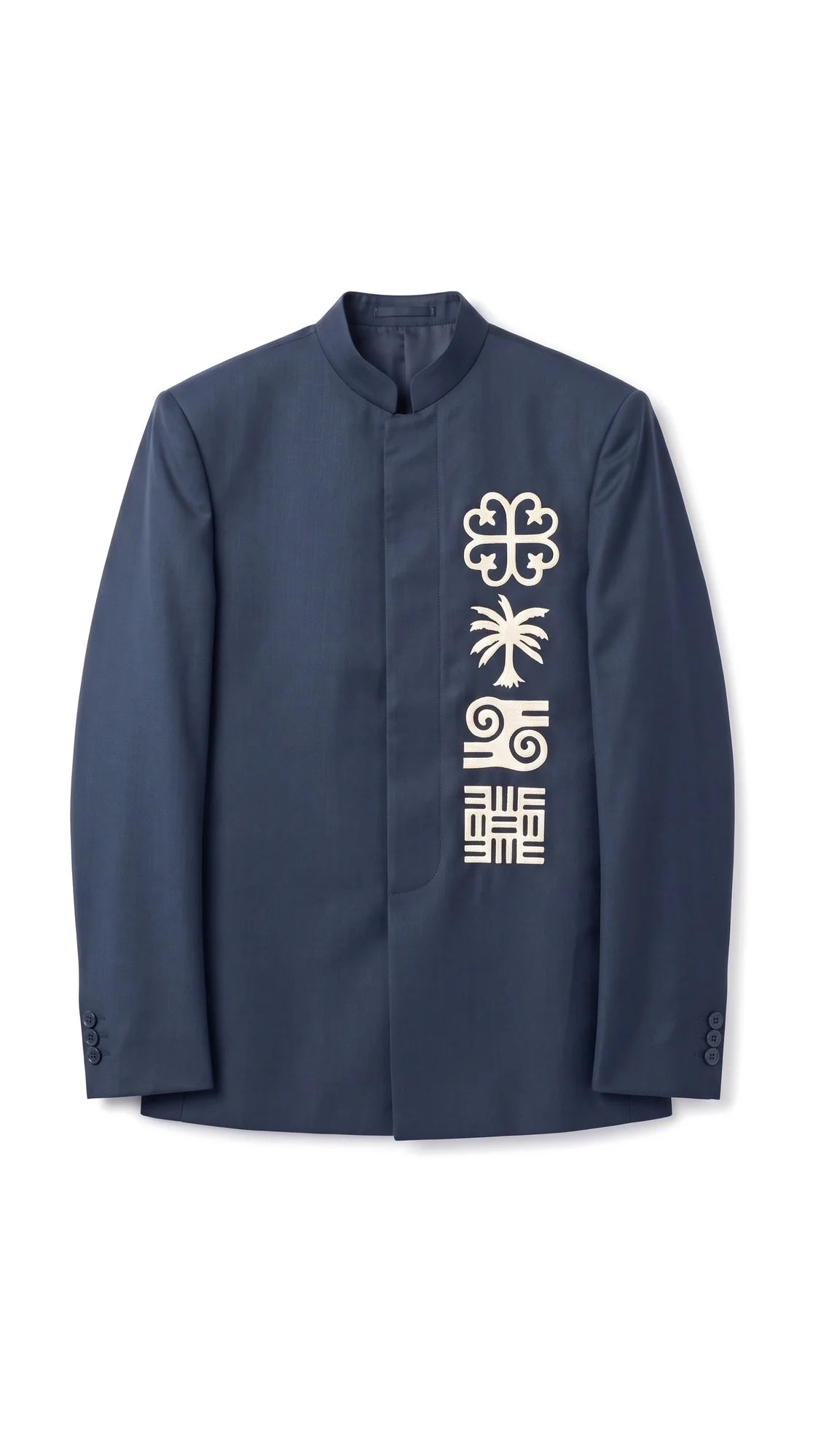 The Noir Adinkra Suit — Navy Embroidered Mandarin Suit — jacket flat lay with embroidered symbols, Christopher Noir