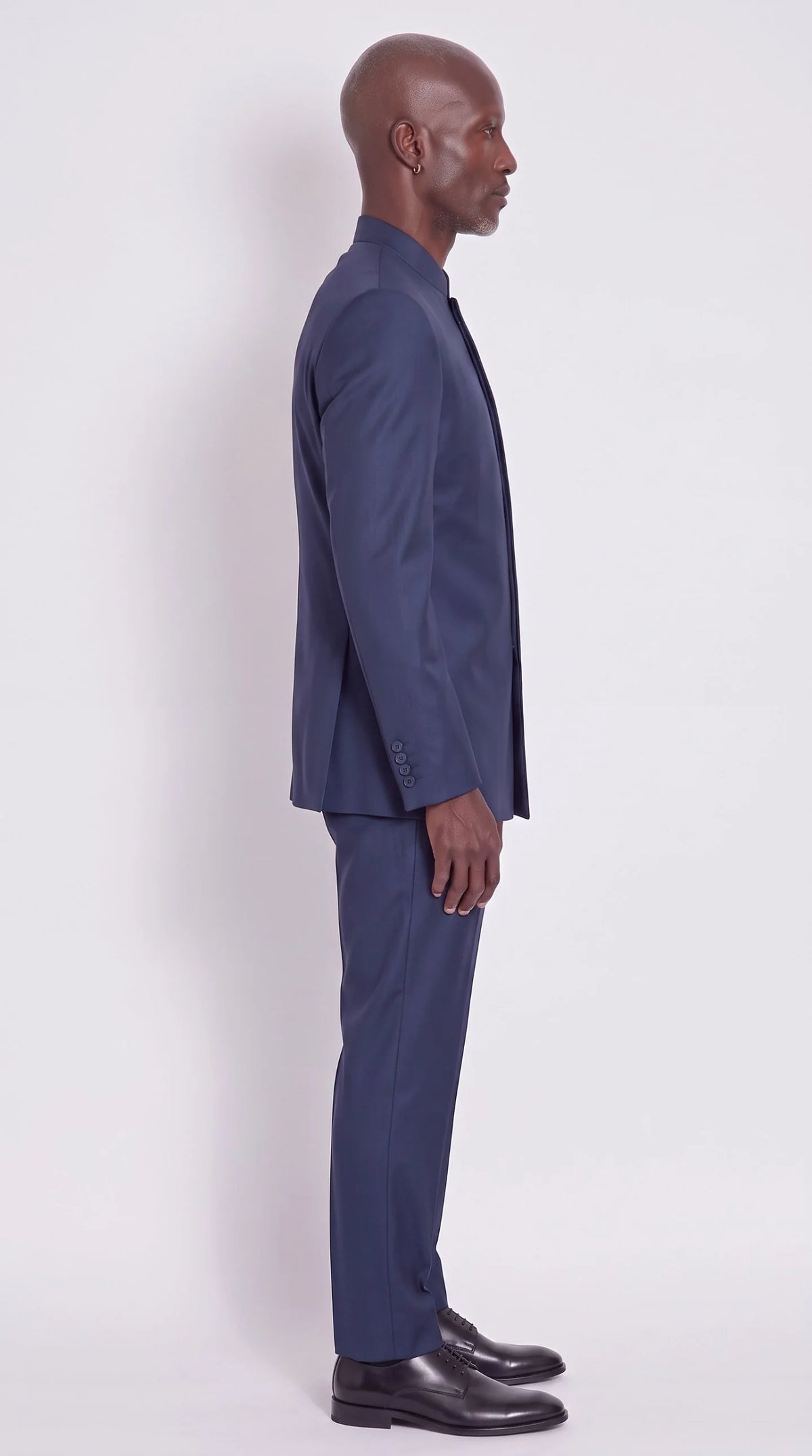 The Noir Adinkra Suit — Navy Embroidered Mandarin Suit — side profile, Christopher Noir