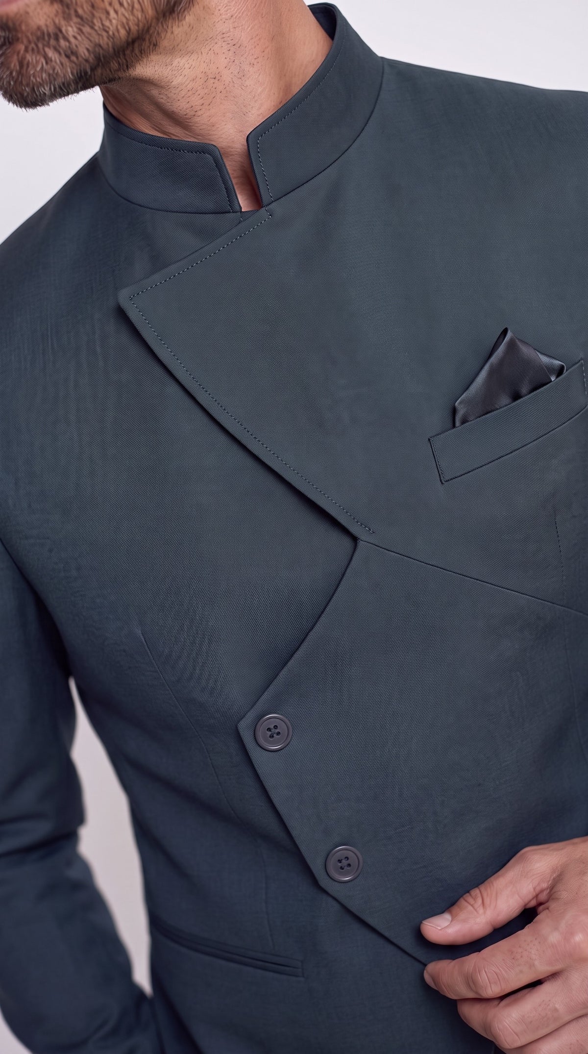 The Noir Asymmetra Suit — Asymmetric Mandarin Collar Suit – fabric and tailoring detail close-up, Christopher Noir