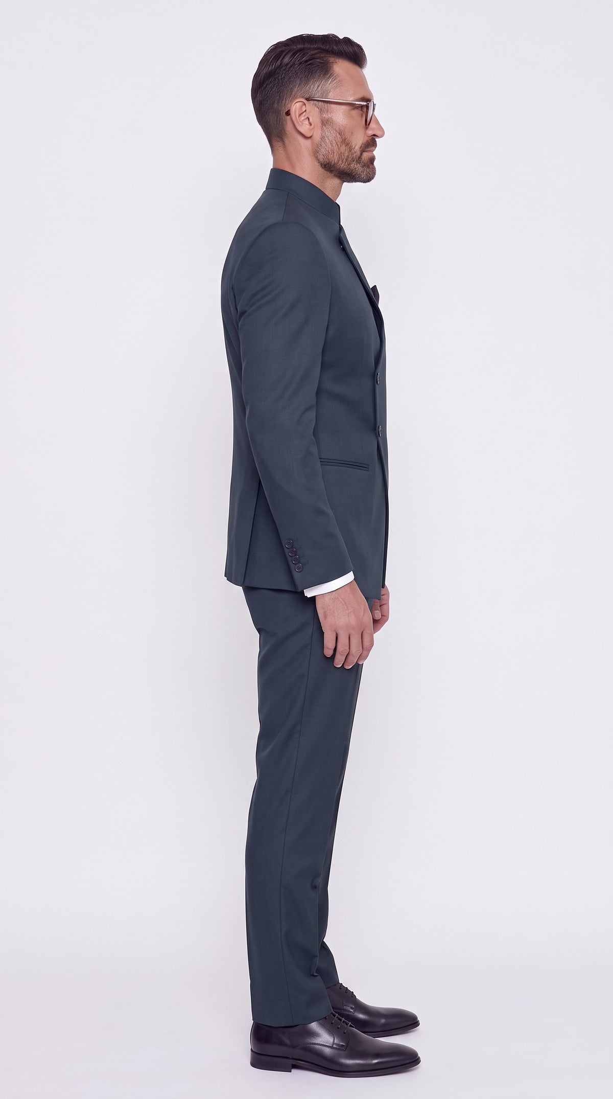 The Noir Asymmetra Suit — Asymmetric Mandarin Collar Suit – side profile view, Christopher Noir
