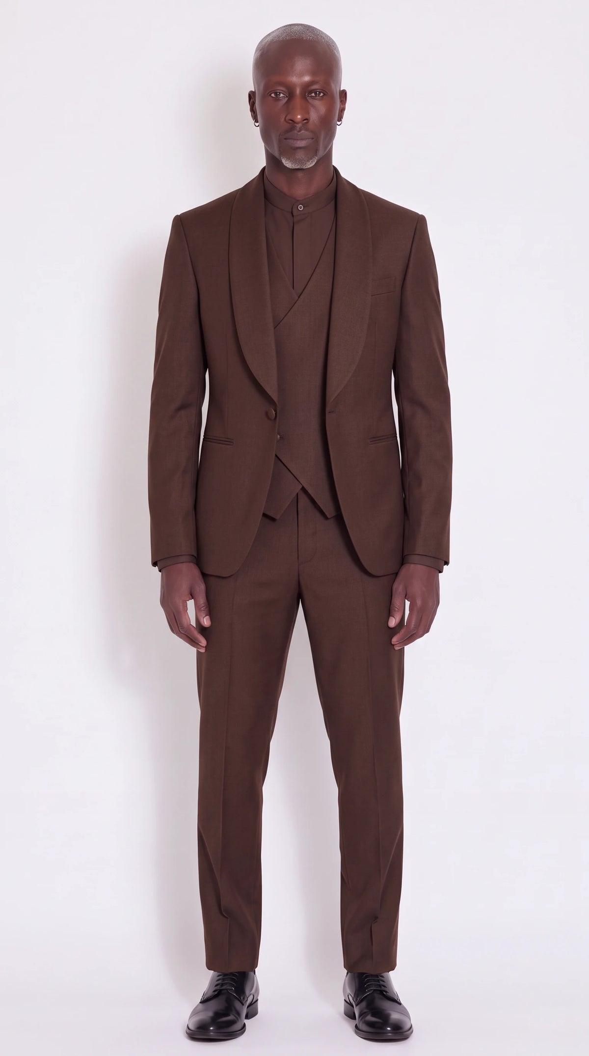 The Noir Aurelia Shawl Suit — Chocolate Shawl-Lapel Three-Piece Suit — front view, shawl lapel, single button and crossover waistcoat, Christopher Noir