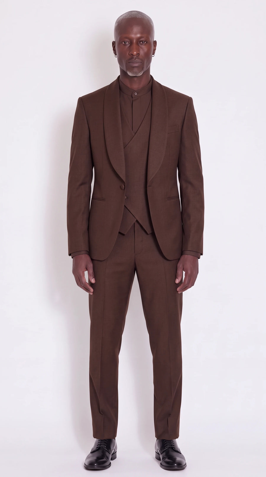 The Noir Aurelia Shawl Suit — Chocolate Shawl-Lapel Three-Piece Suit — front view, shawl lapel, single button and crossover waistcoat, Christopher Noir