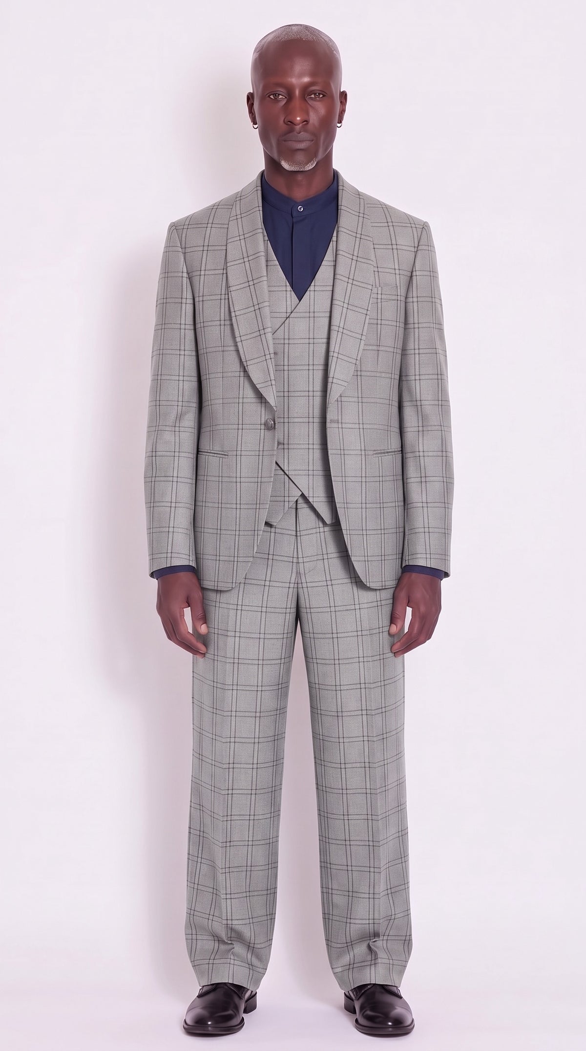 The Noir Aurelia Shawl Suit — dove grey check three-piece, front view, Christopher Noir