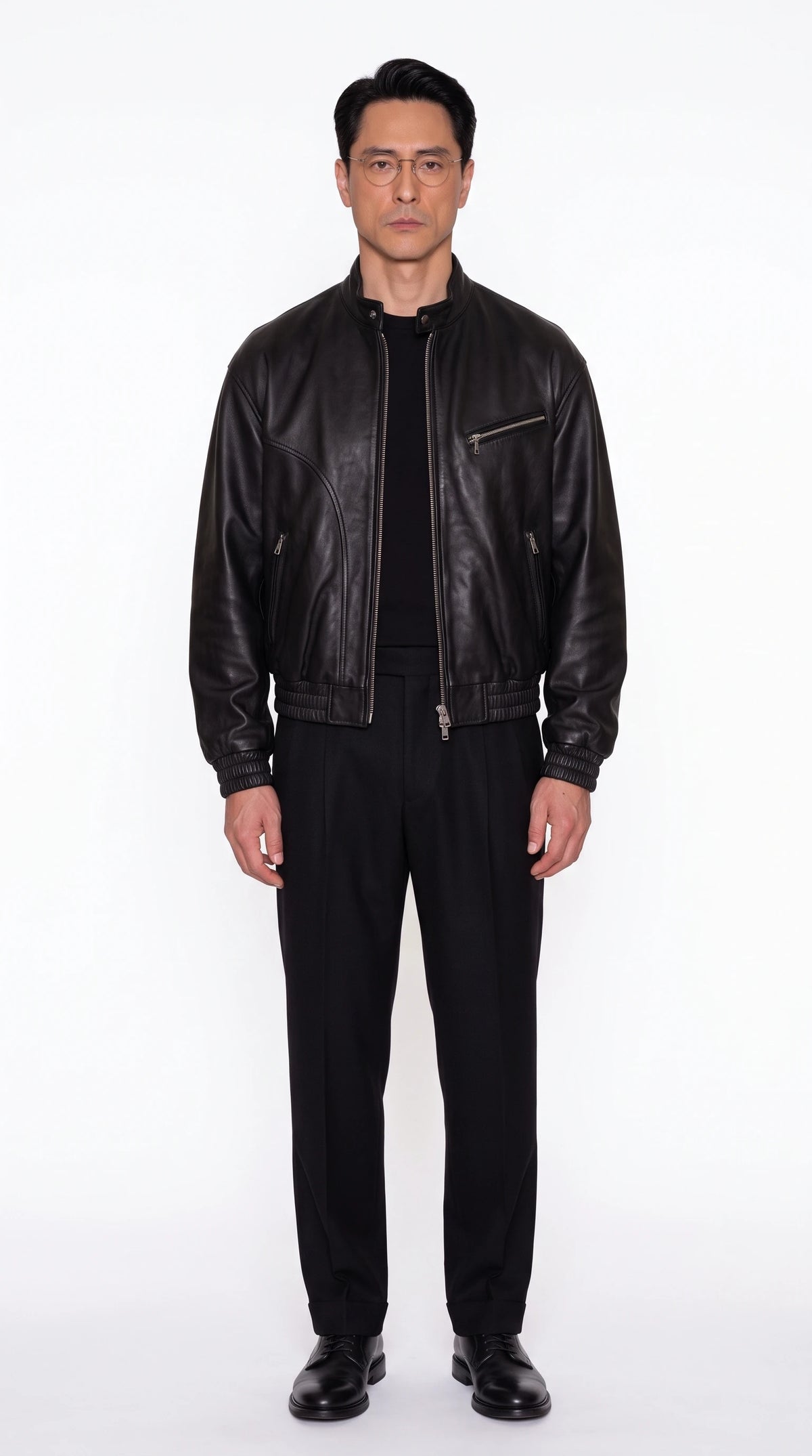 The Noir Barbican black lambskin leather café racer jacket by Christopher Noir, front view