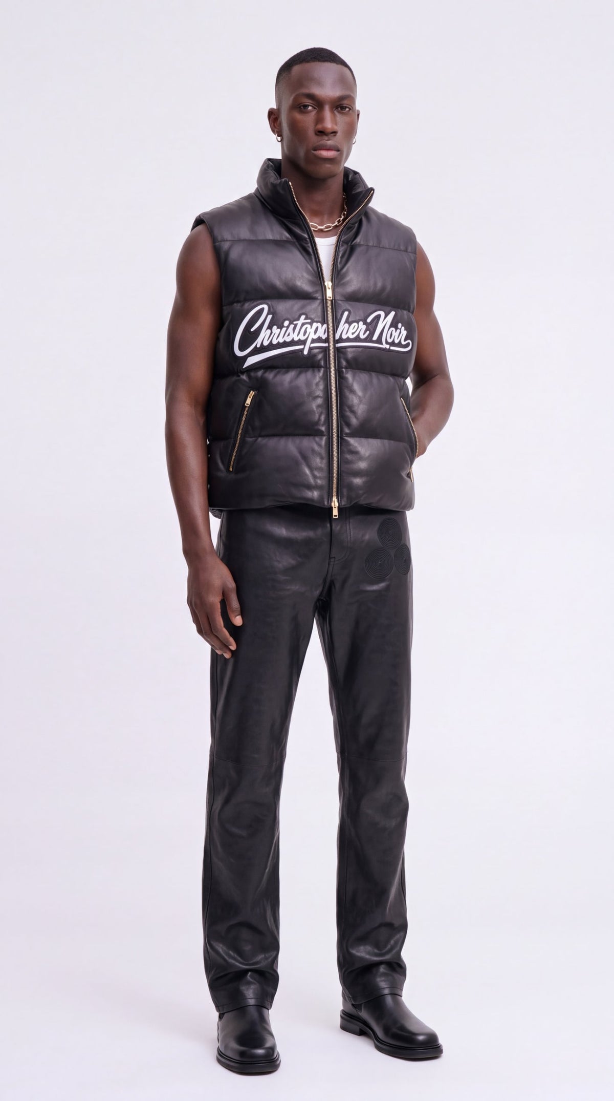 The Noir Barra black leather signature puffer gilet by Christopher Noir