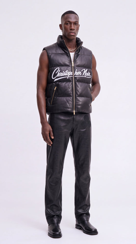 The Noir Barra black leather signature puffer gilet by Christopher Noir