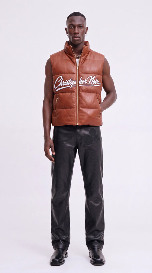 The Noir Barra cognac leather signature puffer gilet by Christopher Noir