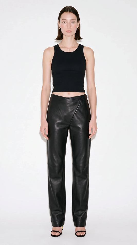 The Noir Bias asymmetric wrap-front leather trousers in jet black - CNOIR