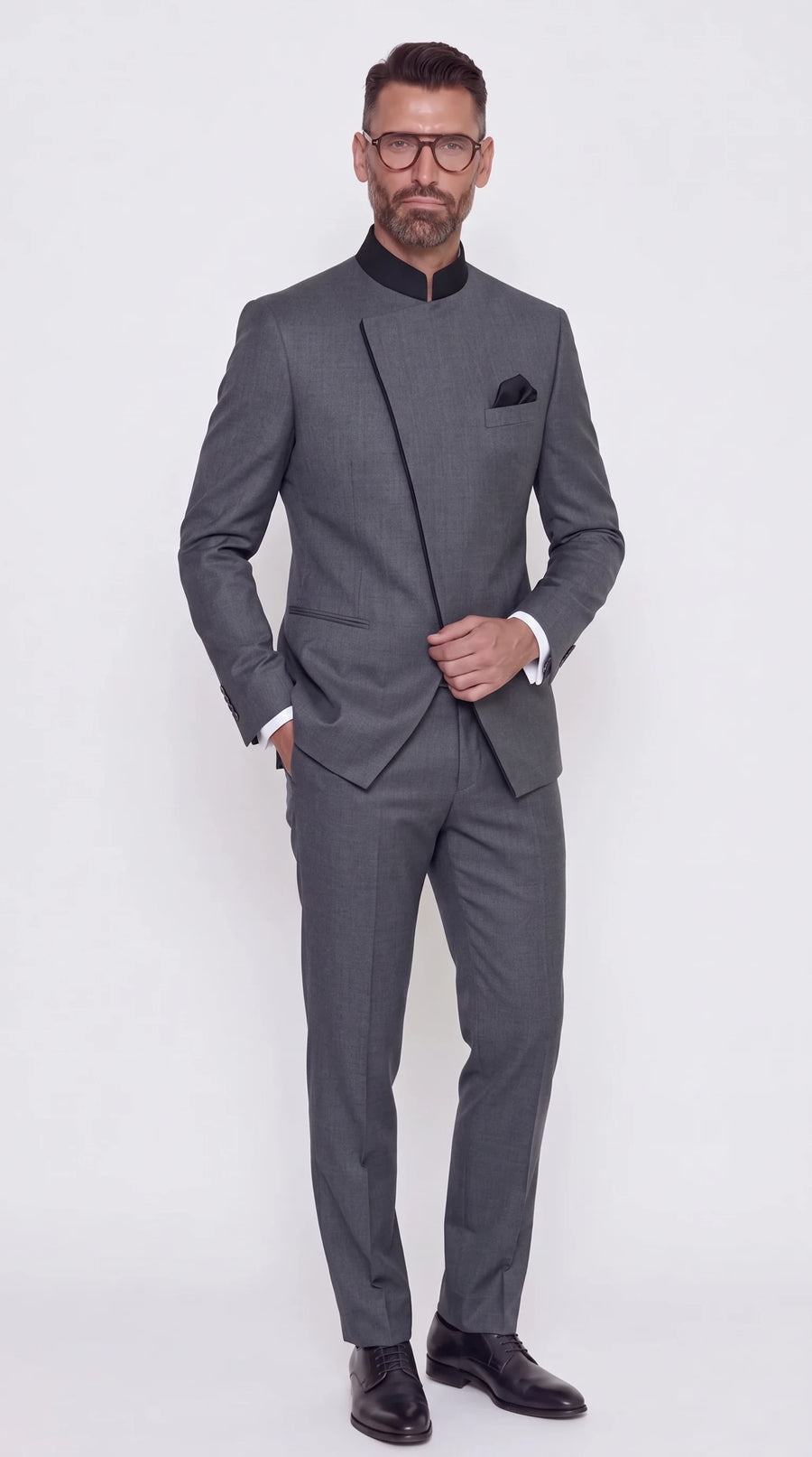 The Noir Blade Contrast Suit — Graphite Piped Diagonal Suit — front view, contrast black collar and black-piped diagonal front, Christopher Noir