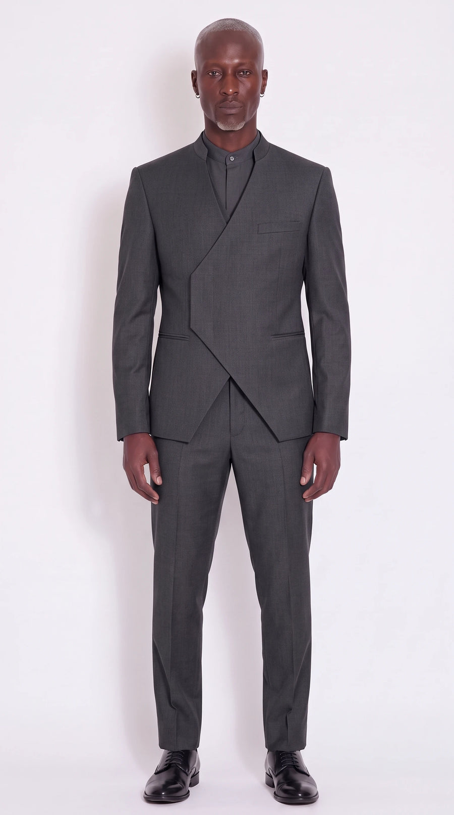 The Noir Blade IV Suit — Charcoal Angular-Panel Suit — front view, mandarin collar and asymmetric diagonal front panel, Christopher Noir