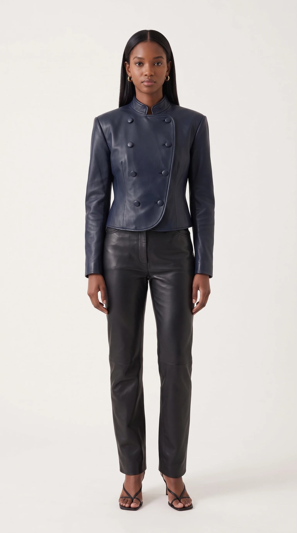 The Noir Burray navy leather jacket with stand collar and asymmetric double-breasted covered-button front