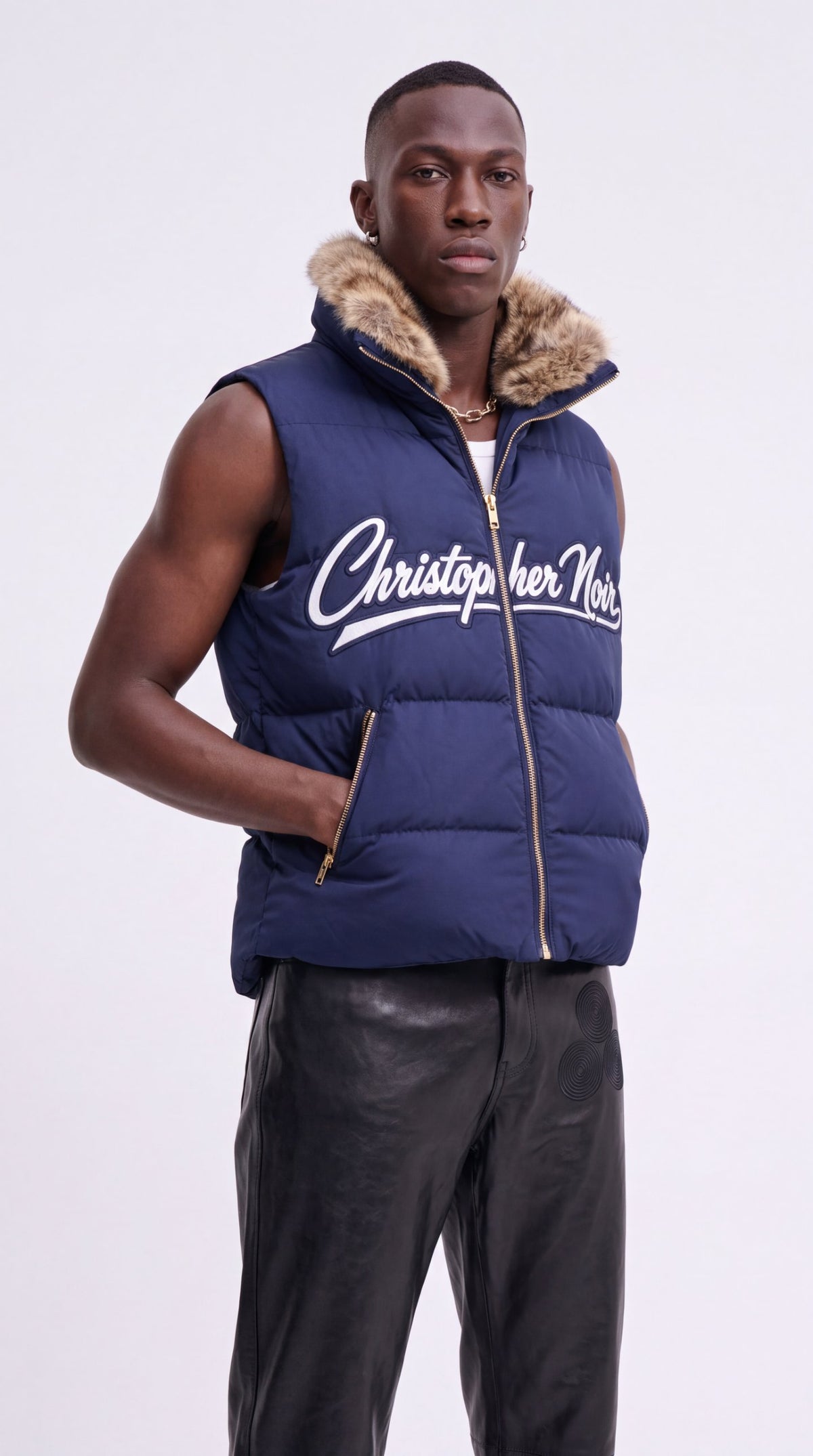 The Noir Bute navy faux-fur collar signature puffer gilet zipped, by Christopher Noir