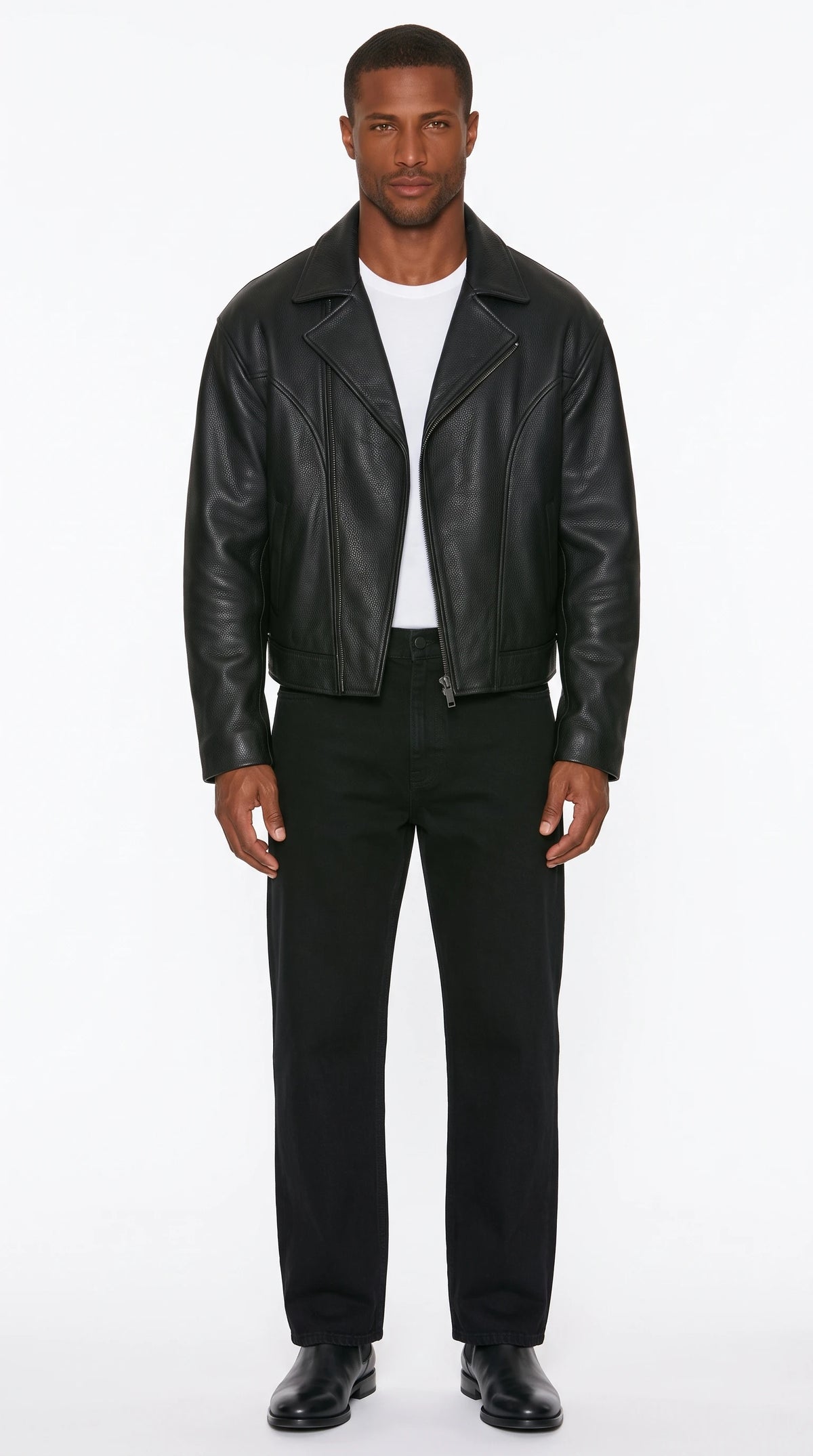 The Noir Camden black grained cowhide leather biker jacket by Christopher Noir, front view