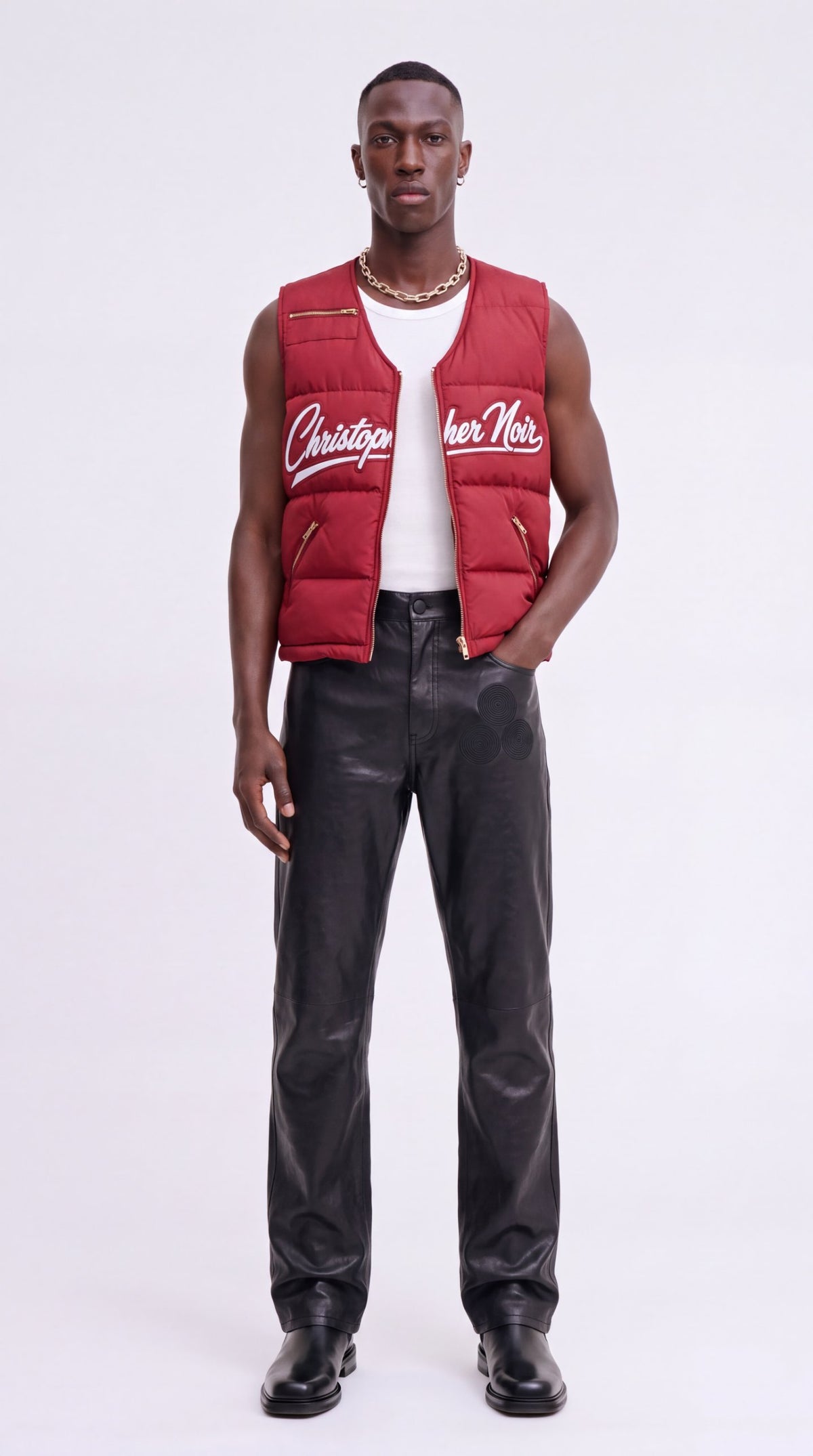 The Noir Canna red collarless signature puffer gilet by Christopher Noir