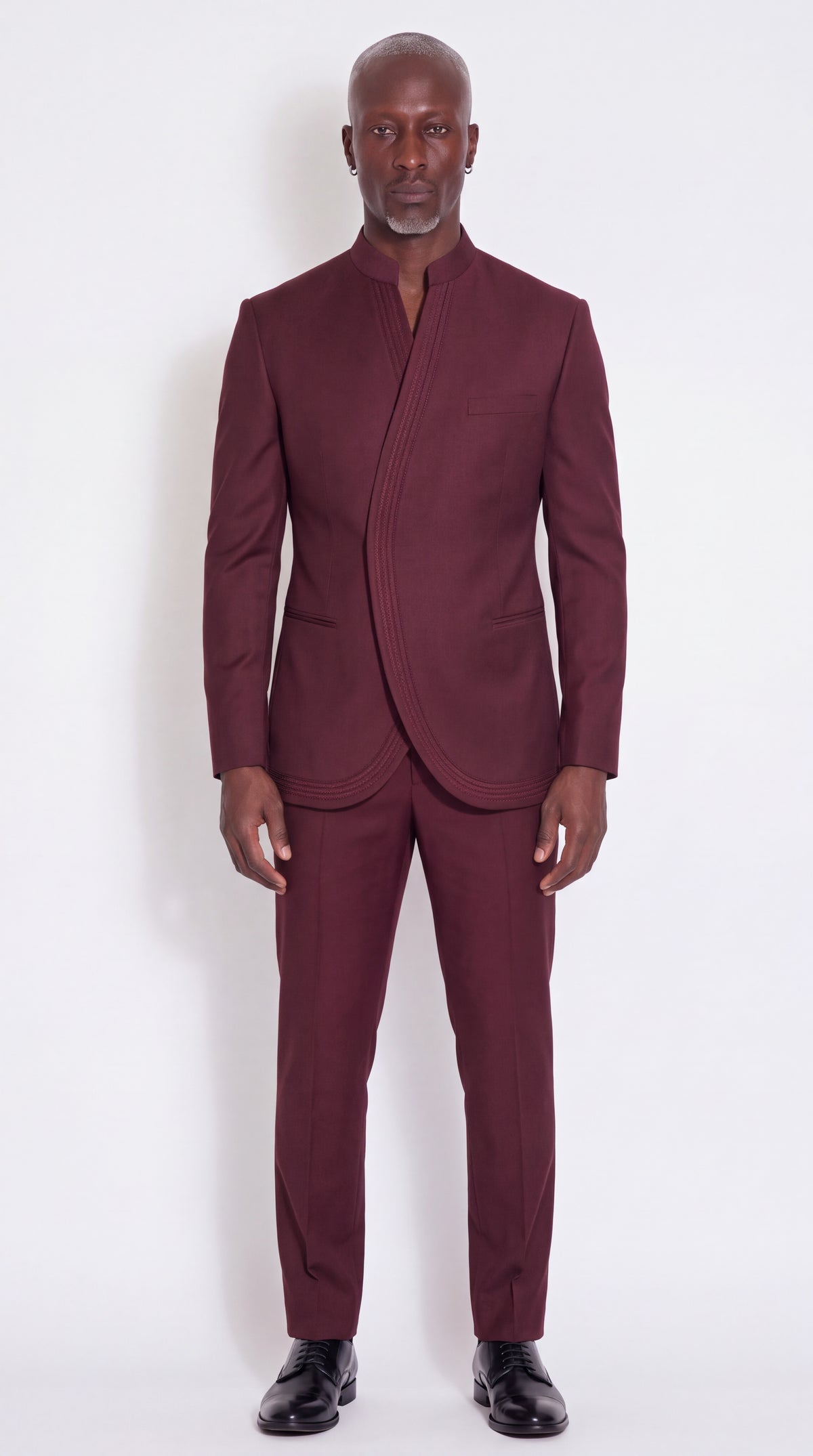 The Noir Cardinal Suit — Burgundy Corded Wrap-Front Suit — front view