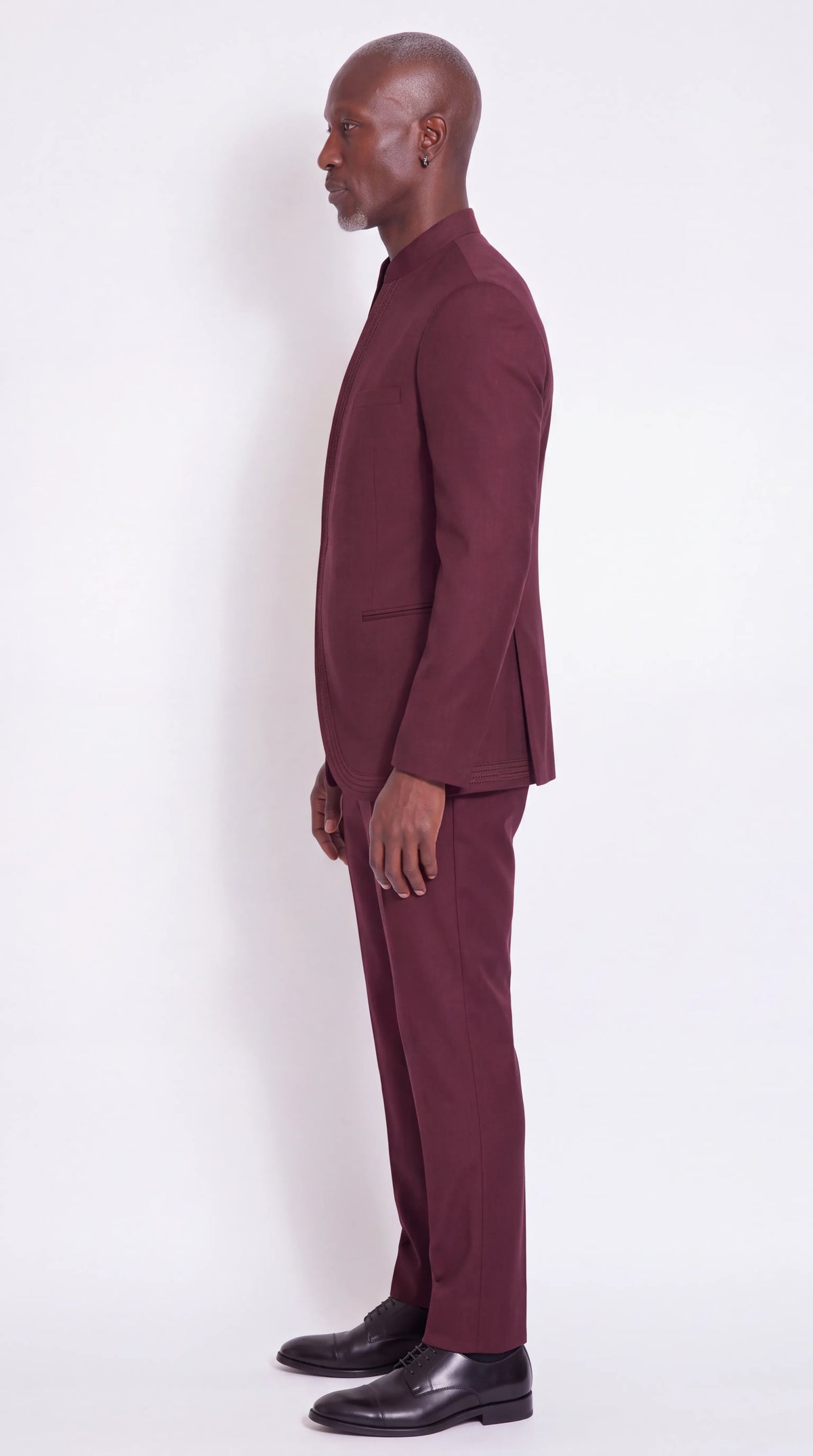 The Noir Cardinal Suit — Burgundy Corded Wrap-Front Suit — opposite side view