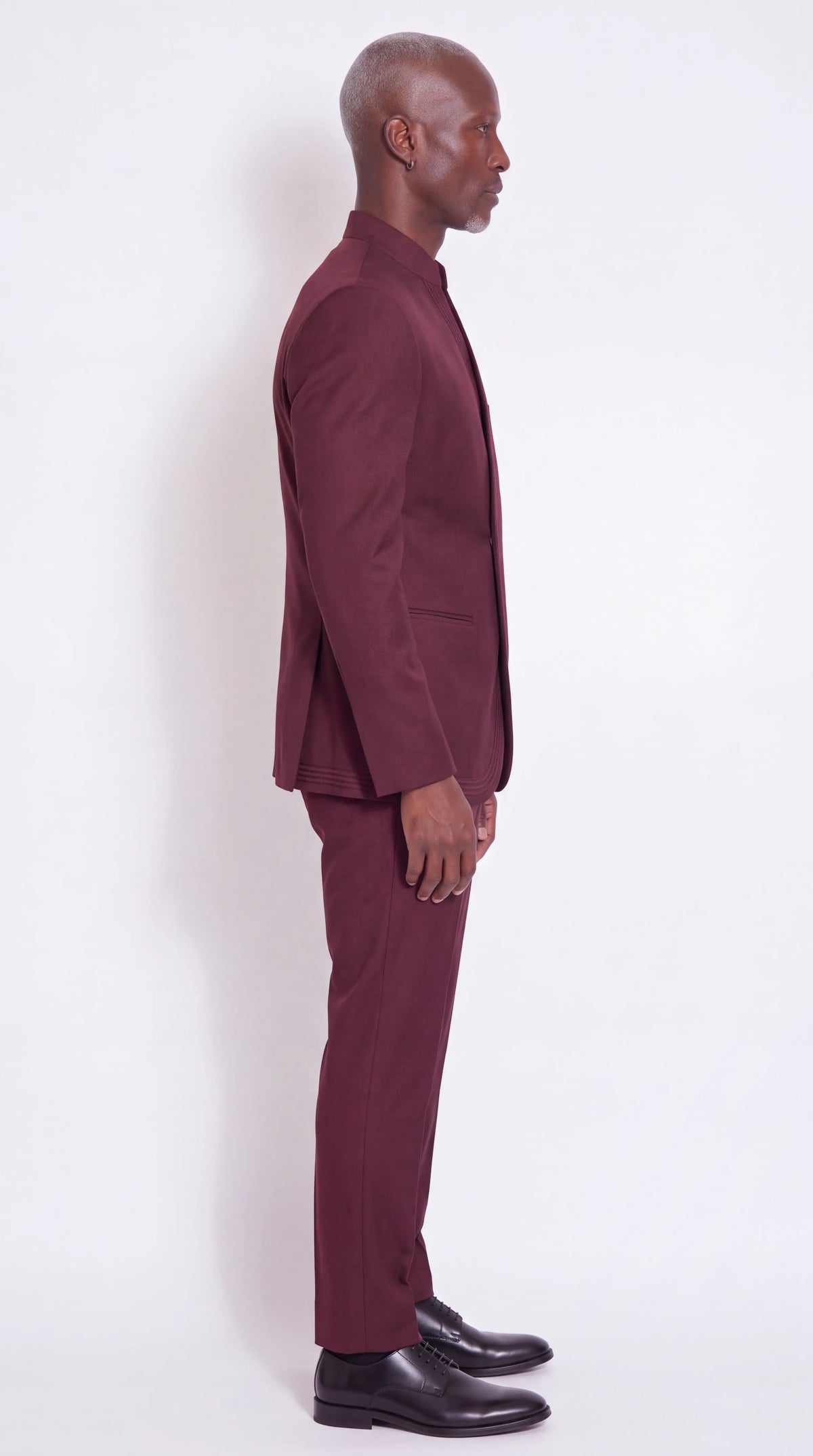 The Noir Cardinal Suit — Burgundy Corded Wrap-Front Suit — side view