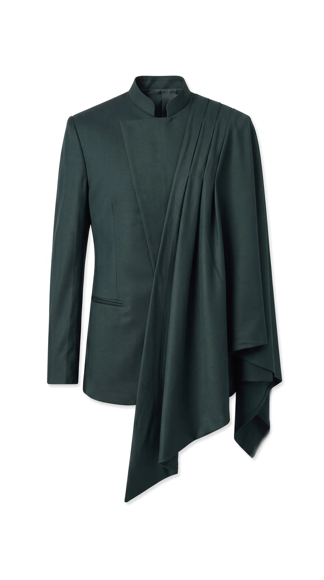 The Noir Cascade Suit — Forest Green Pleated-Drape Suit — jacket flat lay showing crossover front and drape, Christopher Noir