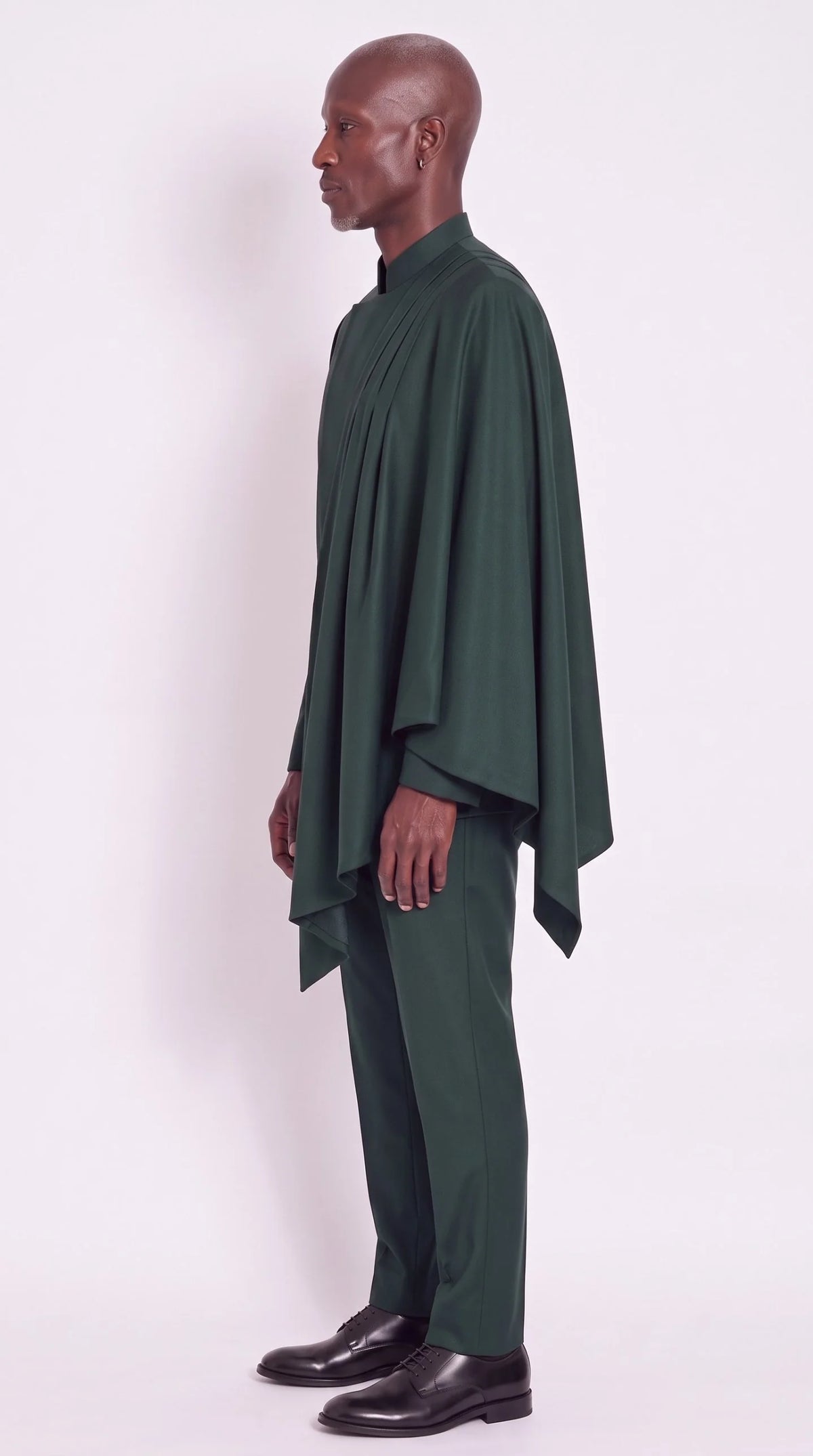 The Noir Cascade Suit — Forest Green Pleated-Drape Suit — side profile, Christopher Noir