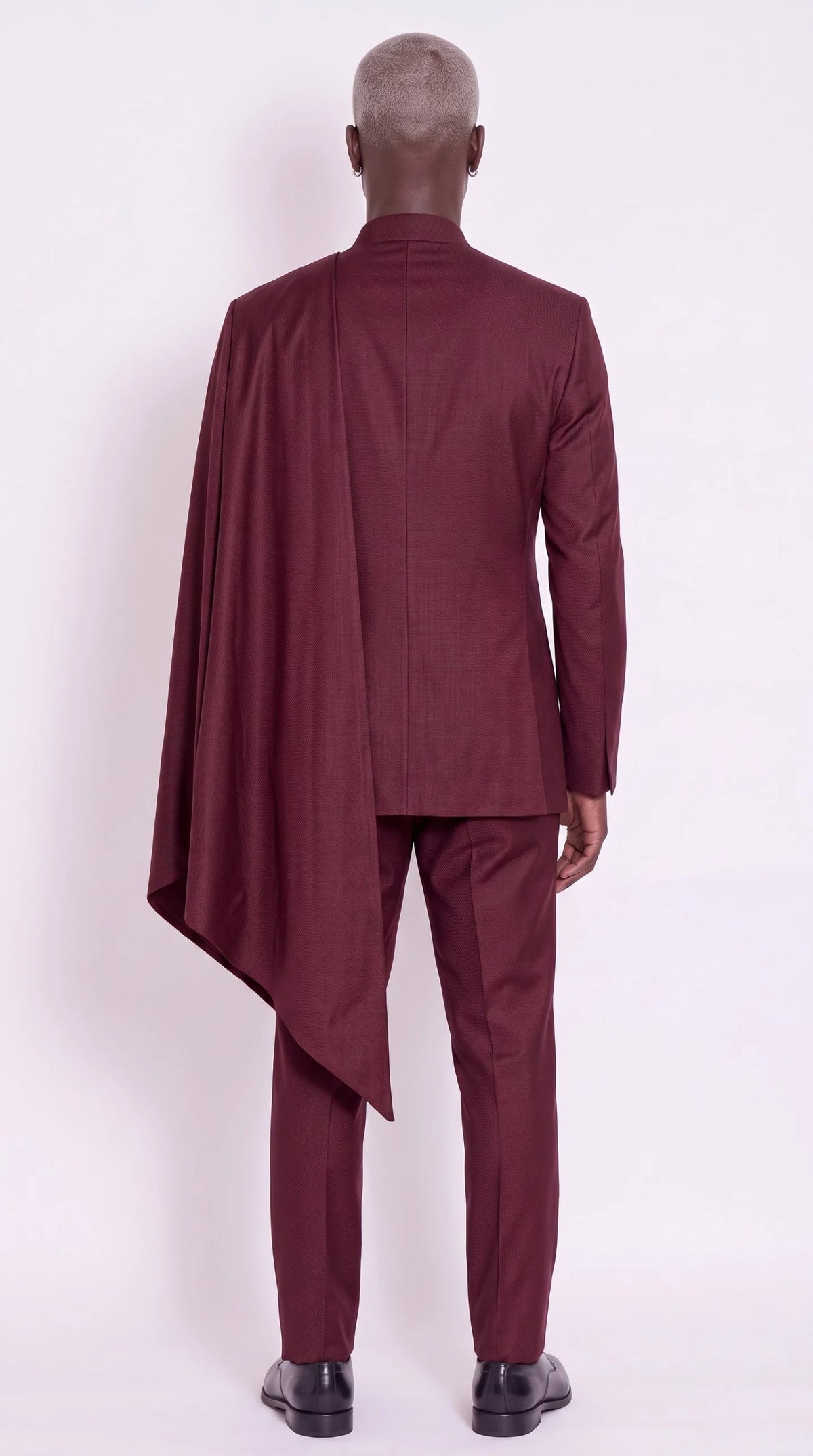 The Noir Chancellor Suit — Burgundy Chain-Drape Suit — back view, Christopher Noir