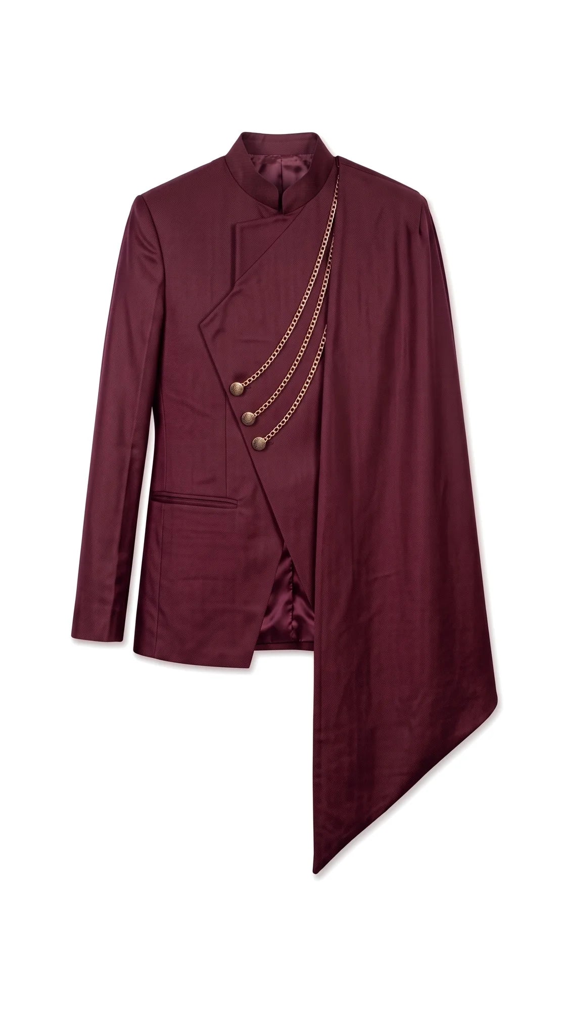 The Noir Chancellor Suit — Burgundy Chain-Drape Suit — jacket flat lay showing chains, buttons and drape, Christopher Noir