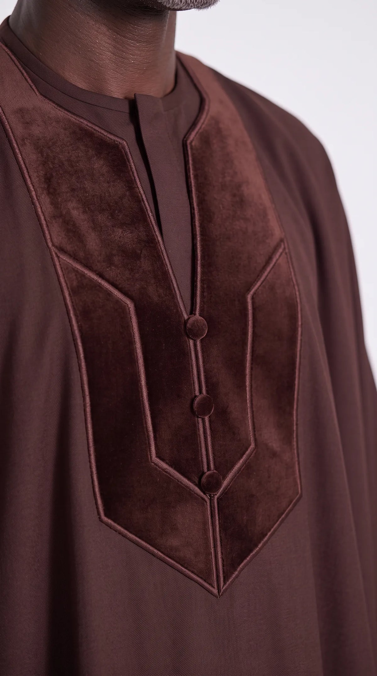 Noir Cocoa Agbada — chocolate brown men's agbada set, close-up of the chest detail