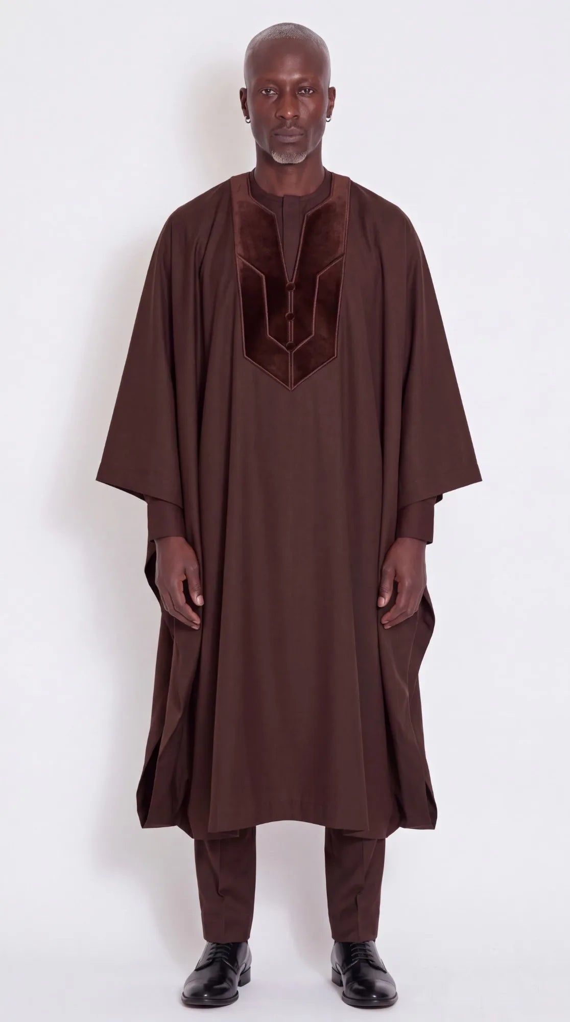 Noir Cocoa Agbada — chocolate brown men's agbada set, worn on model