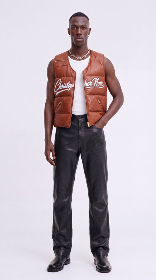 The Noir Colonsay cognac leather collarless signature puffer gilet by Christopher Noir
