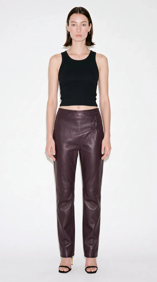 The Noir Cordon braided-fastening leather trousers in oxblood burgundy - CNOIR