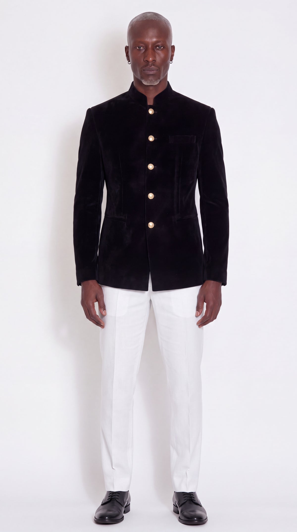 The Noir Coronet Jacket — Black Velvet Mandarin Jacket — front view