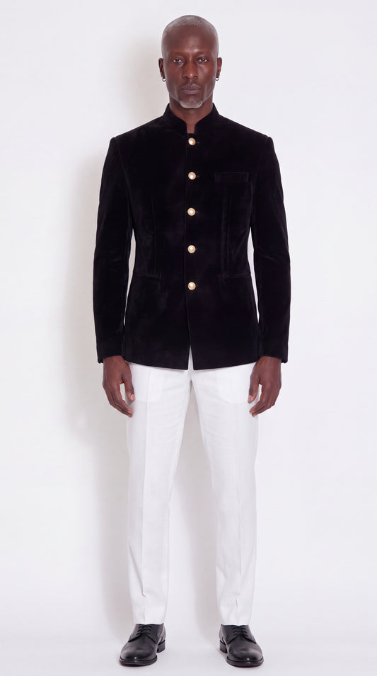 The Noir Coronet Jacket — Black Velvet Mandarin Jacket — front view