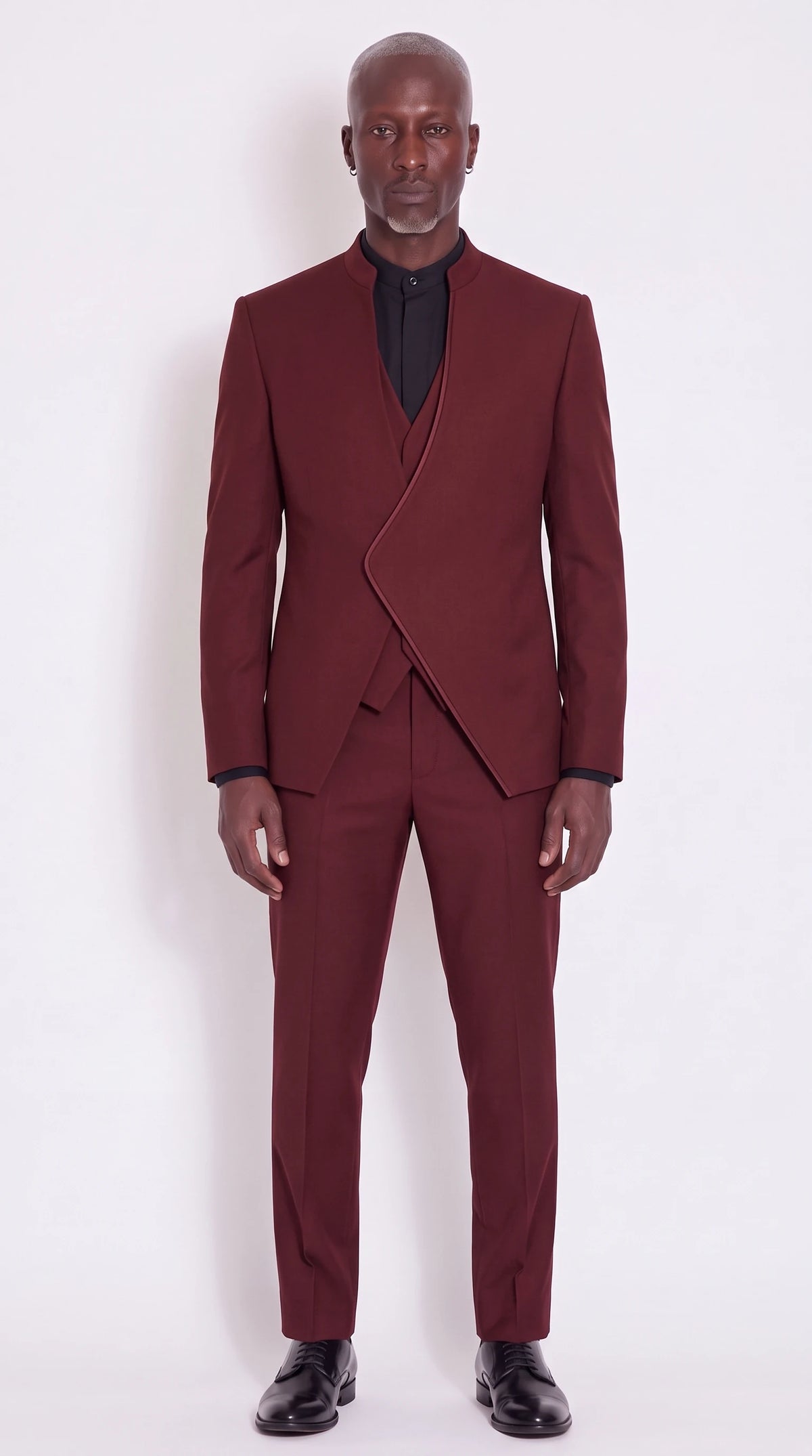 The Noir Crescent III Suit — Burgundy Pointed-Wrap Three-Piece Suit — front view, mandarin collar, piped asymmetric wrap front and waistcoat, Christopher Noir
