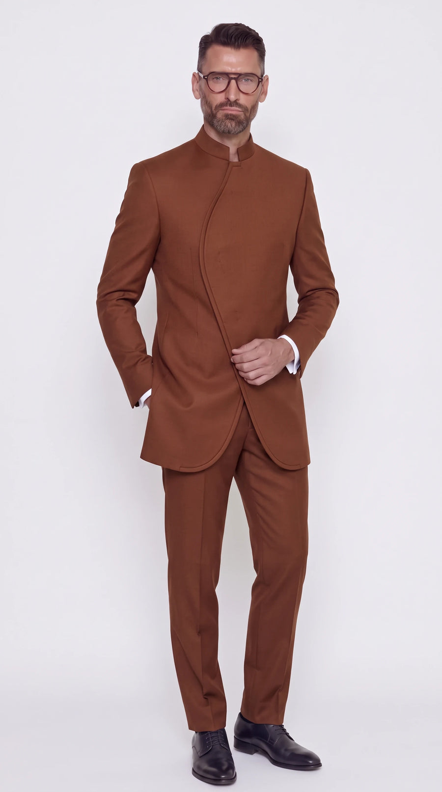 The Noir Crescent Longline Suit — Tobacco Curved-Front Longline Suit — front view, mandarin collar and piped curved front on a longline jacket, Christopher Noir