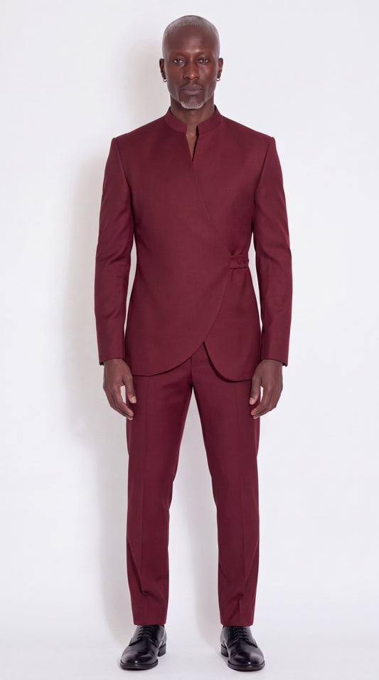The Noir Crest Suit — Burgundy Tab-Fastened Wrap Suit — front view