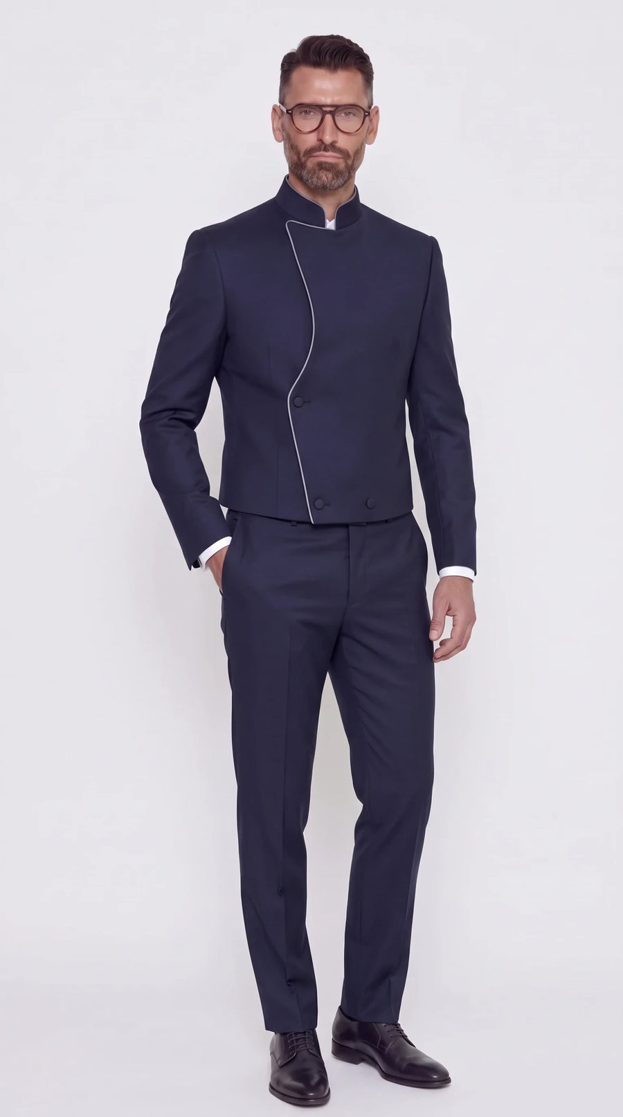 The Noir Cropped Double-Wrap Suit — Midnight Navy Piped Suit — front view, cropped jacket with grey-piped collar and curved front, Christopher Noir