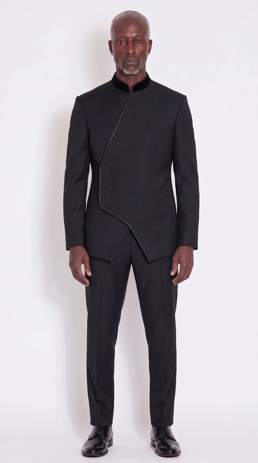 The Noir Dominion II Suit — Ink Black Angular-Piped Suit — front view, contrast collar and piped angular asymmetric front, Christopher Noir