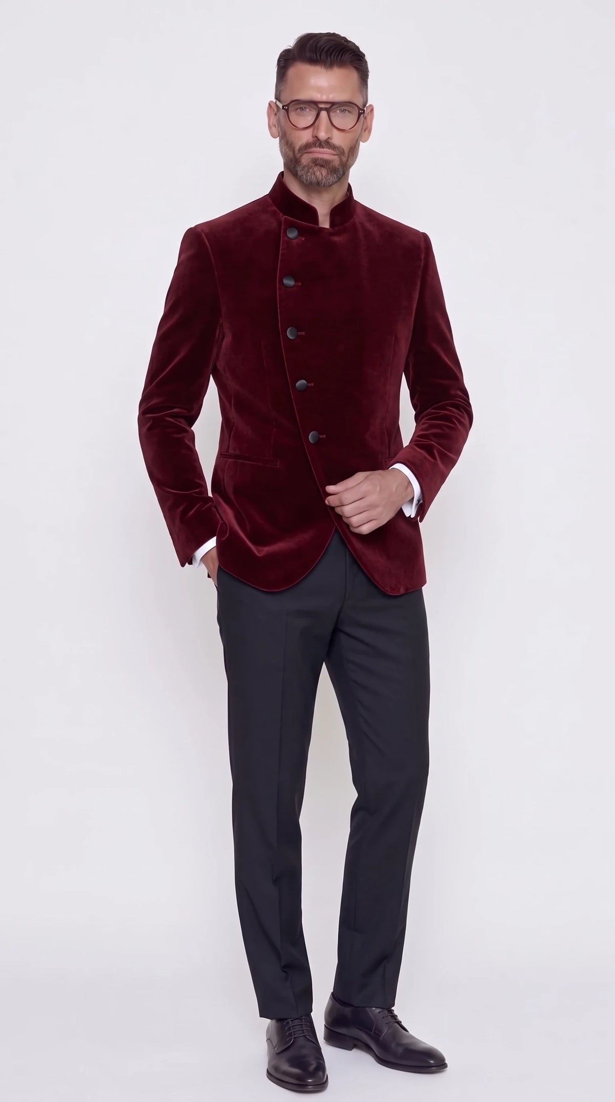 The Noir Double-Wrap Suit — Oxblood Velvet Asymmetric Suit — front view, oxblood velvet jacket with asymmetric five-button front and black trousers, Christopher Noir