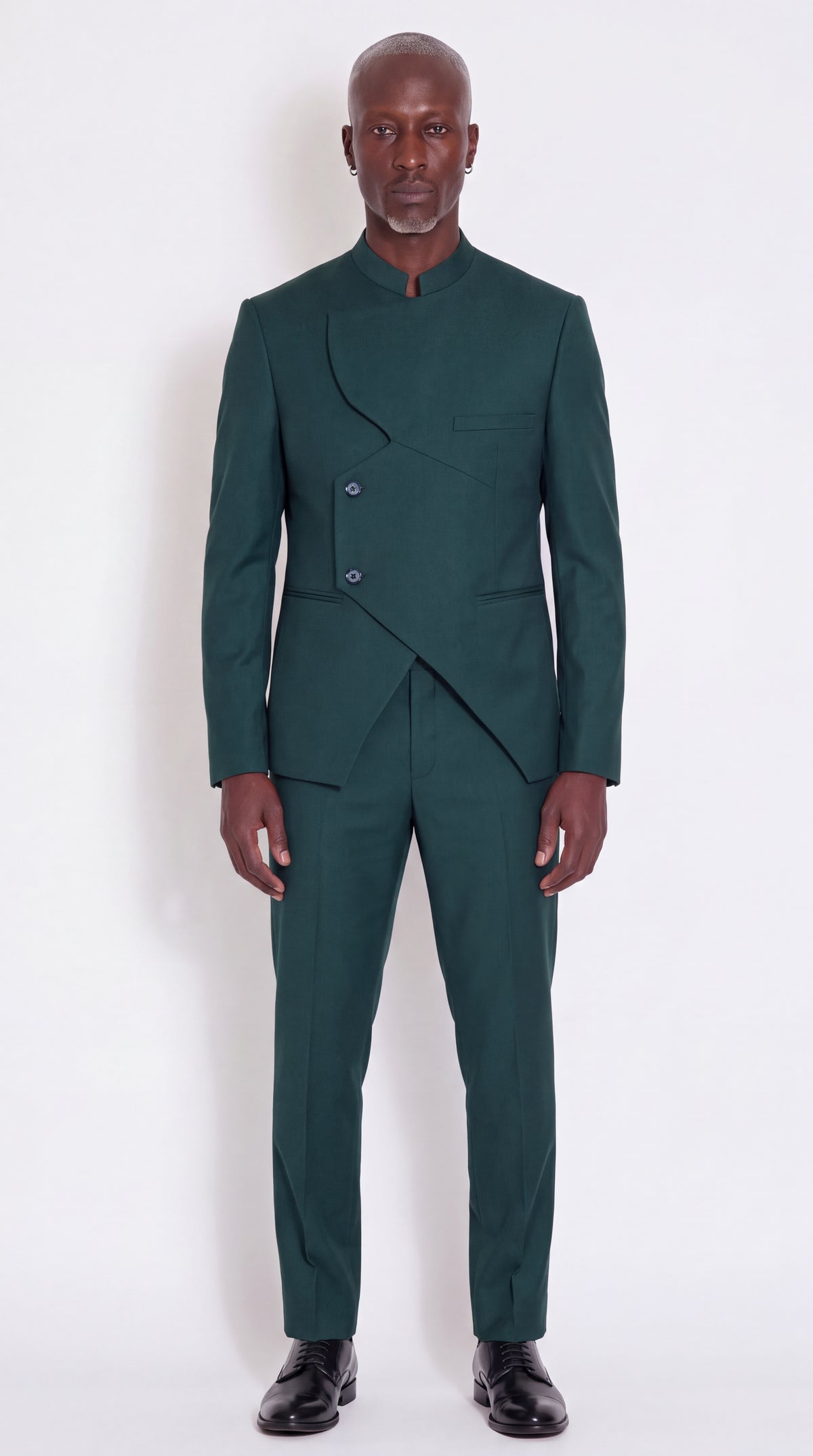 The Noir Echelon Suit — Green Angular-Panel Suit — front view