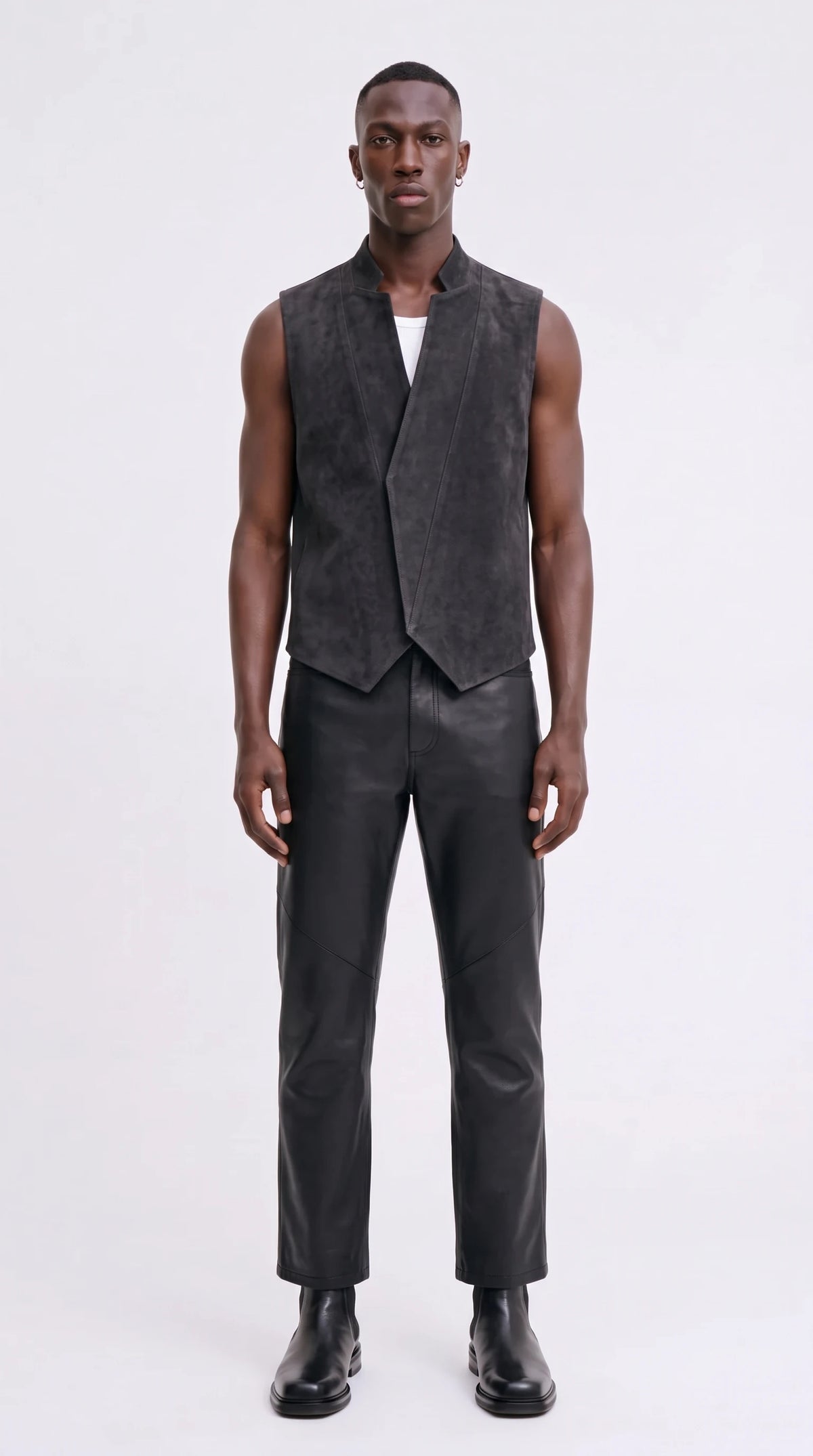 The Noir Eday charcoal suede waistcoat with notched stand collar and diagonal wrap front
