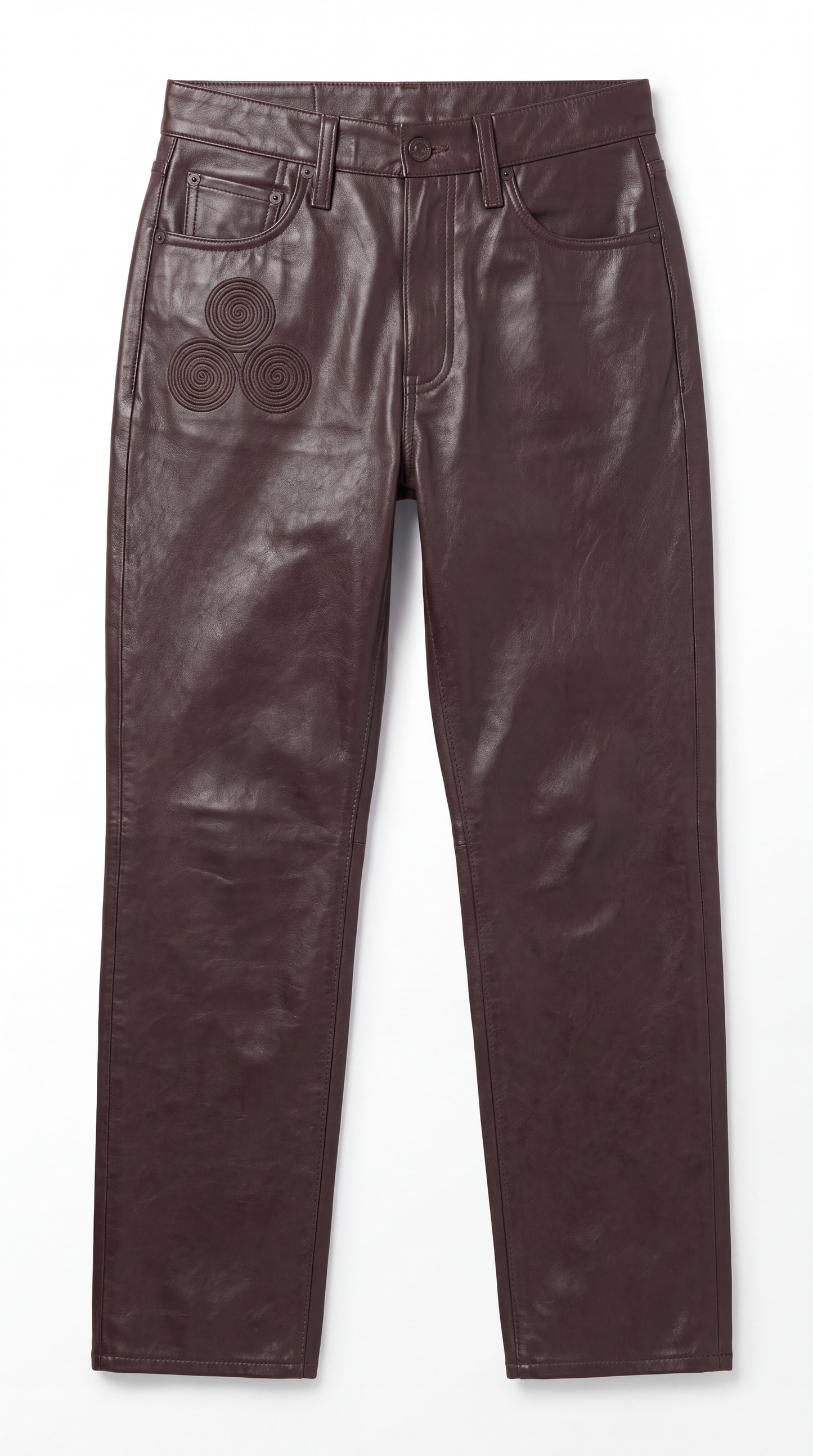 The Noir Femme women's slim leather jeans with corded spiral embroidery at the hip, in rich chocolate brown, front flat lay