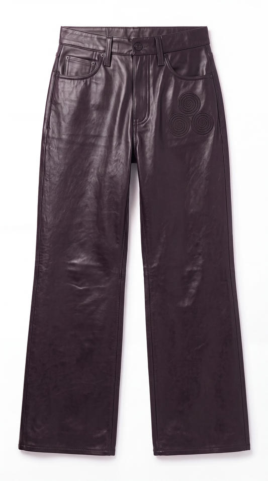 The Noir Flare spiral-embroidered leather wide-leg jeans in deep chocolate brown with an aubergine cast, front flat lay