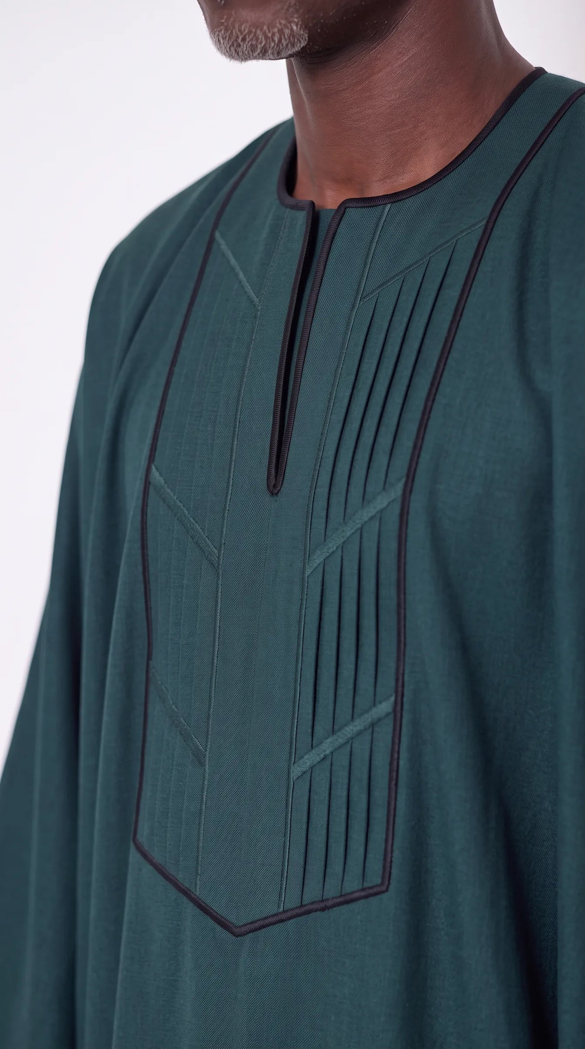 Noir Forest Agbada — forest green men's agbada set, close-up of the chest detail