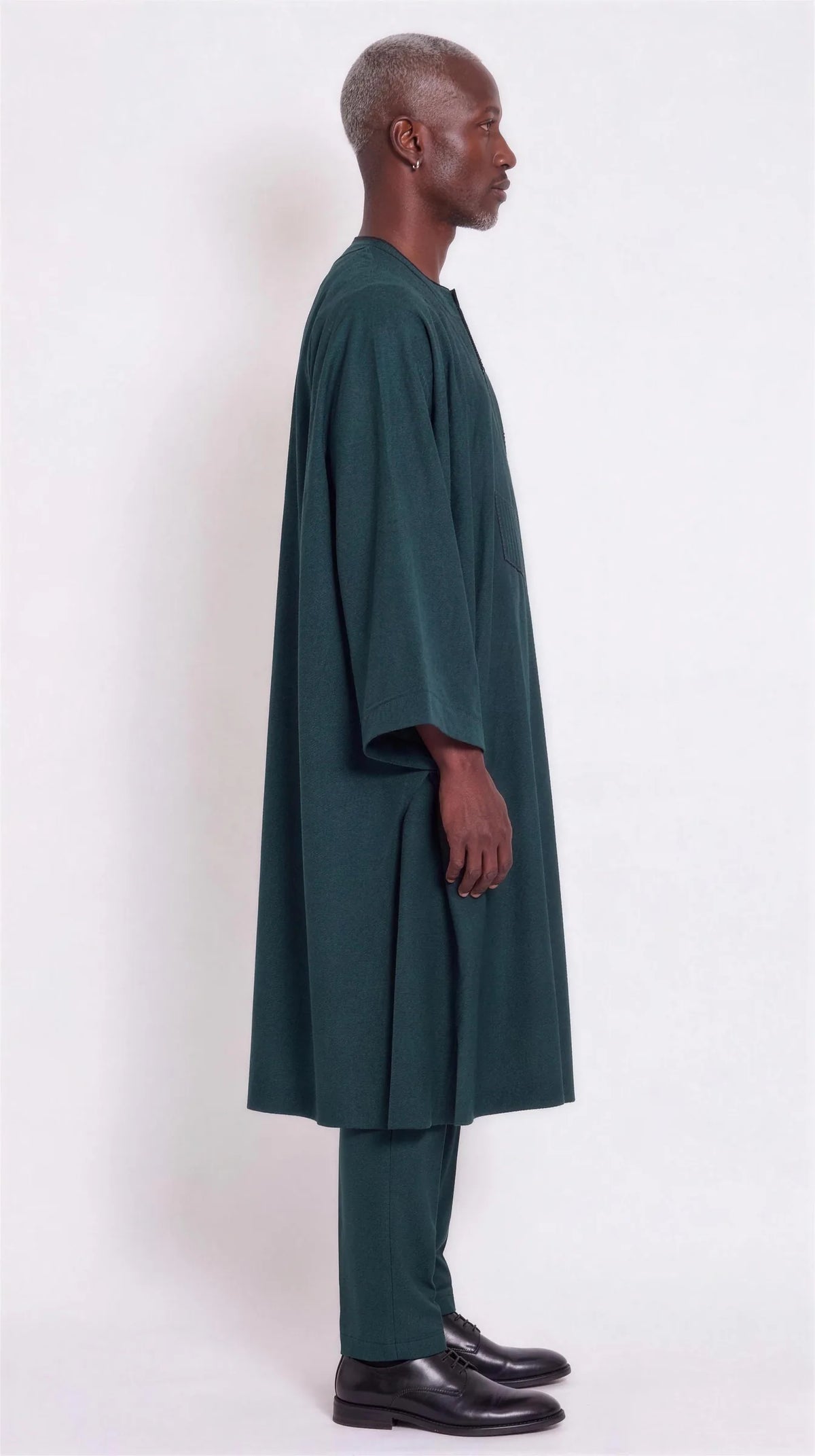 Noir Forest Agbada — forest green men's agbada set, side view showing the robe drape
