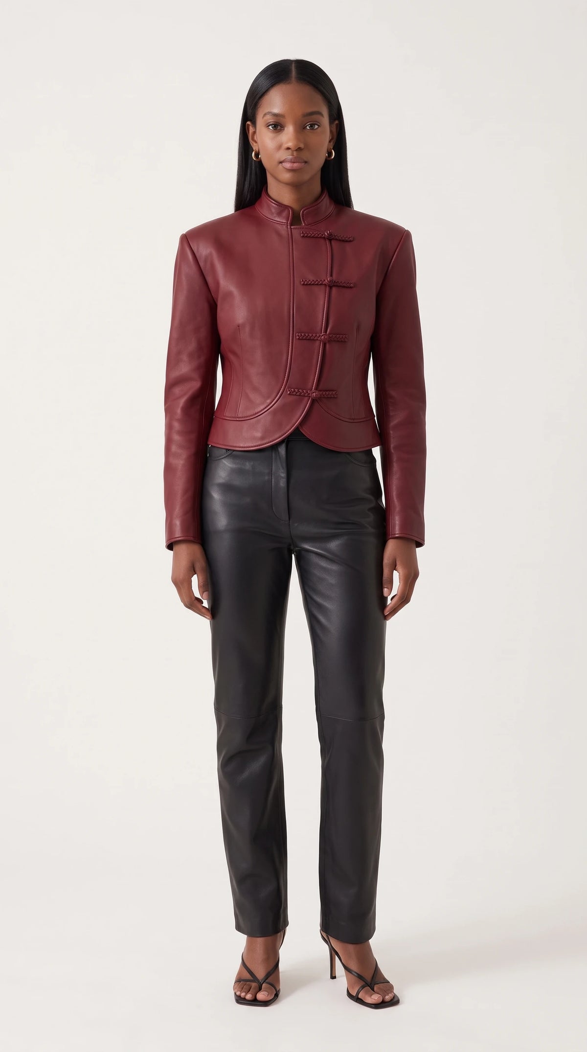 The Noir Graemsay cropped oxblood leather jacket with stand collar and four braided frog fastenings