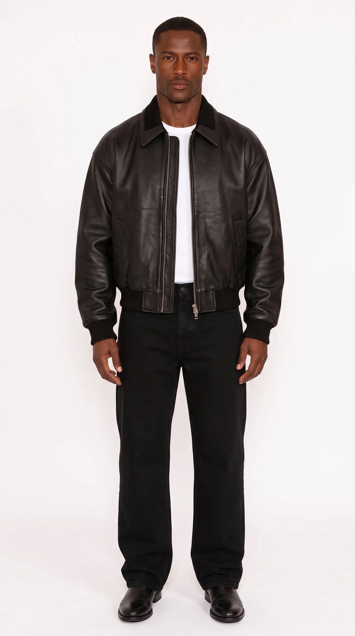 The Noir Islington black lambskin leather bomber jacket by Christopher Noir, front view