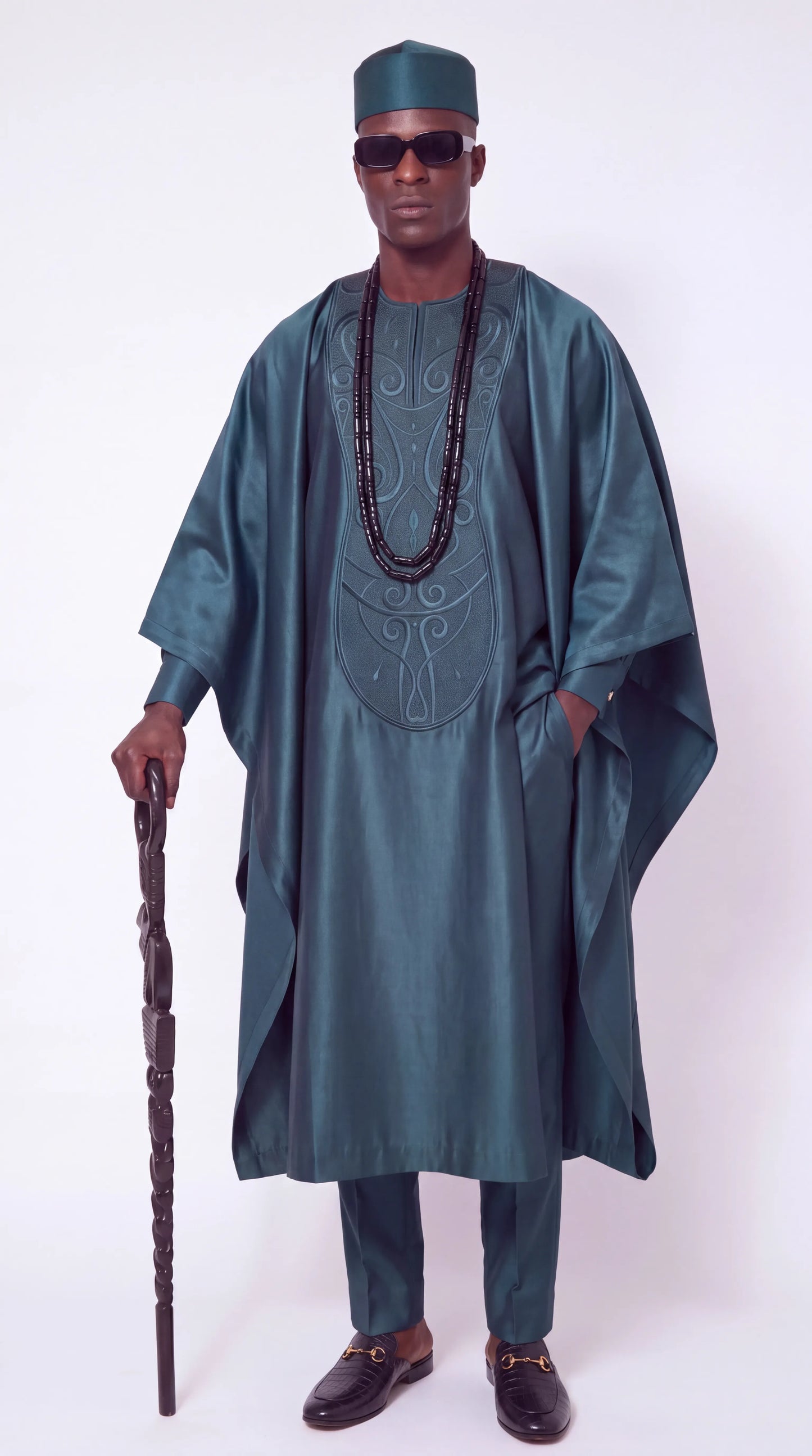 Noir Lagoon Agbada — teal agbada set with matching tailored trousers