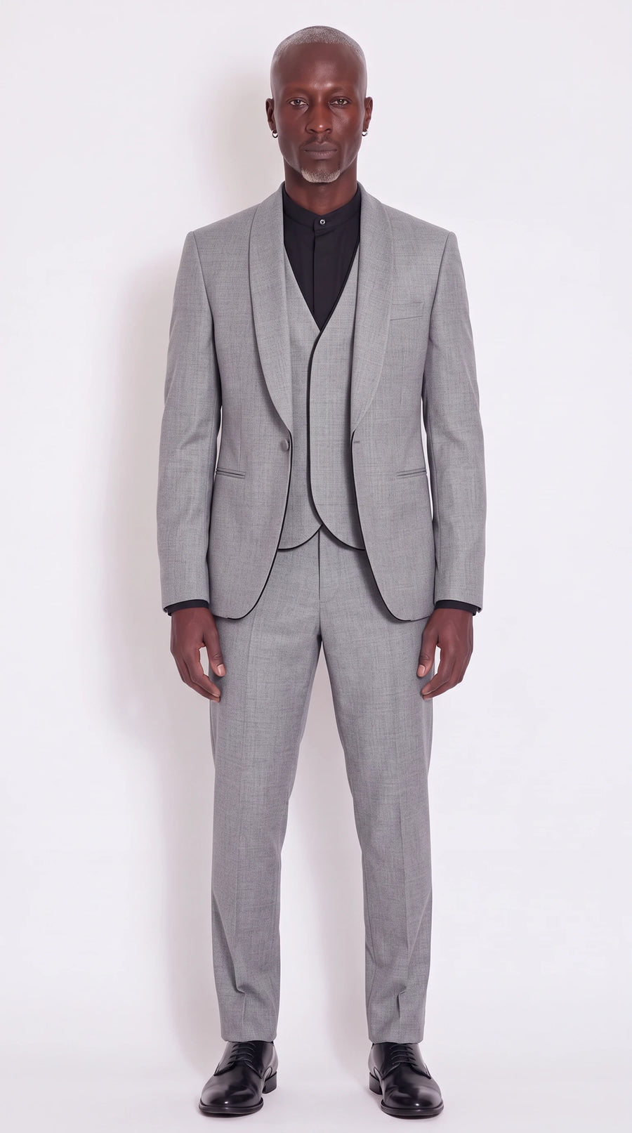 The Noir Lune Suit — Grey Piped Shawl-Lapel Three-Piece Suit — front view, black-piped shawl lapel and curved waistcoat, Christopher Noir