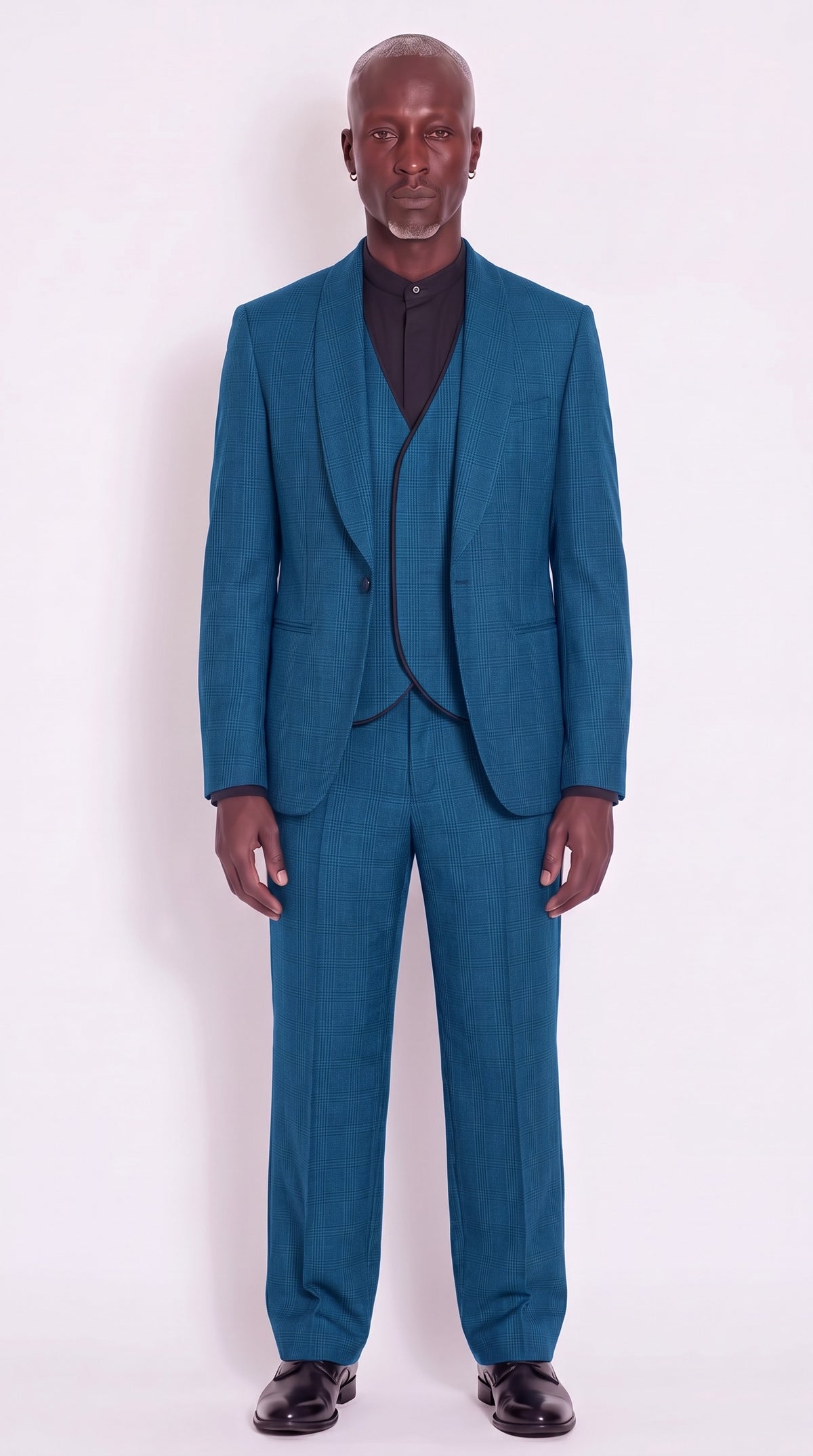 The Noir Lune Suit — peacock blue shawl-lapel three-piece, front view, Christopher Noir